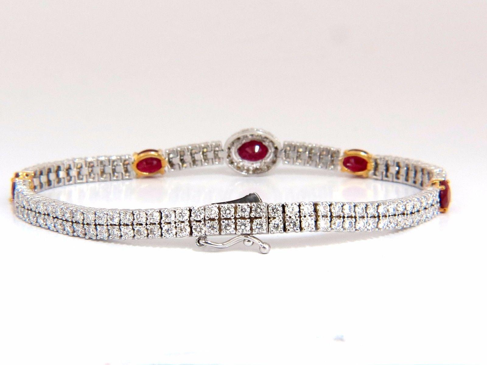 7.34ct natural ruby diamonds bracelet regency deco 14kt double row cluster In New Condition For Sale In New York, NY