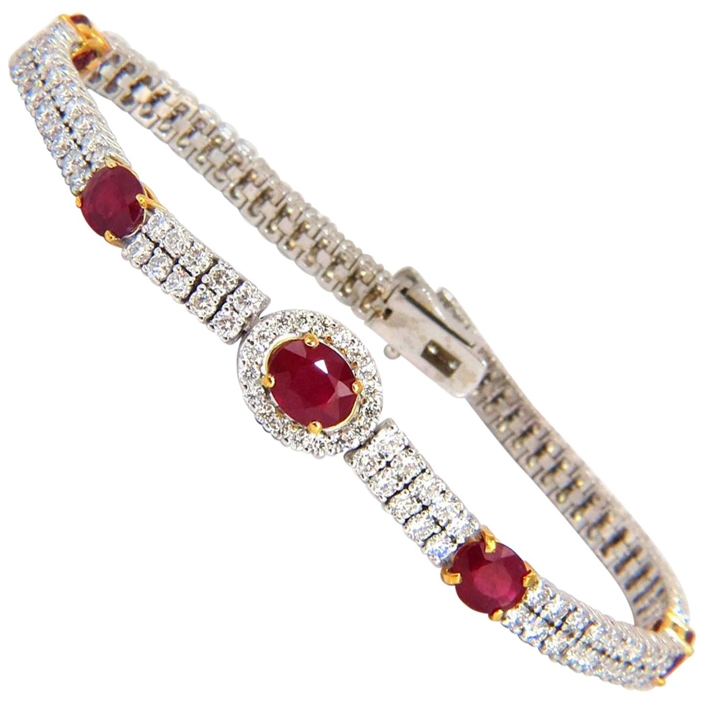 7.34ct natural ruby diamonds bracelet regency deco 14kt double row cluster For Sale