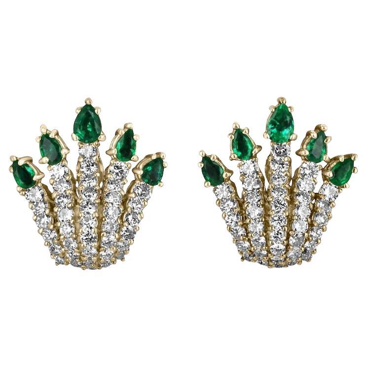 7.34tcw Muzo Emerald & Diamond Omega Fan Earrings  18K AAA+ Colombian Statement