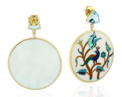 7.35 Carat Blue Topaz Peacock Diamond 18 Karat Gold Enamel Earrings