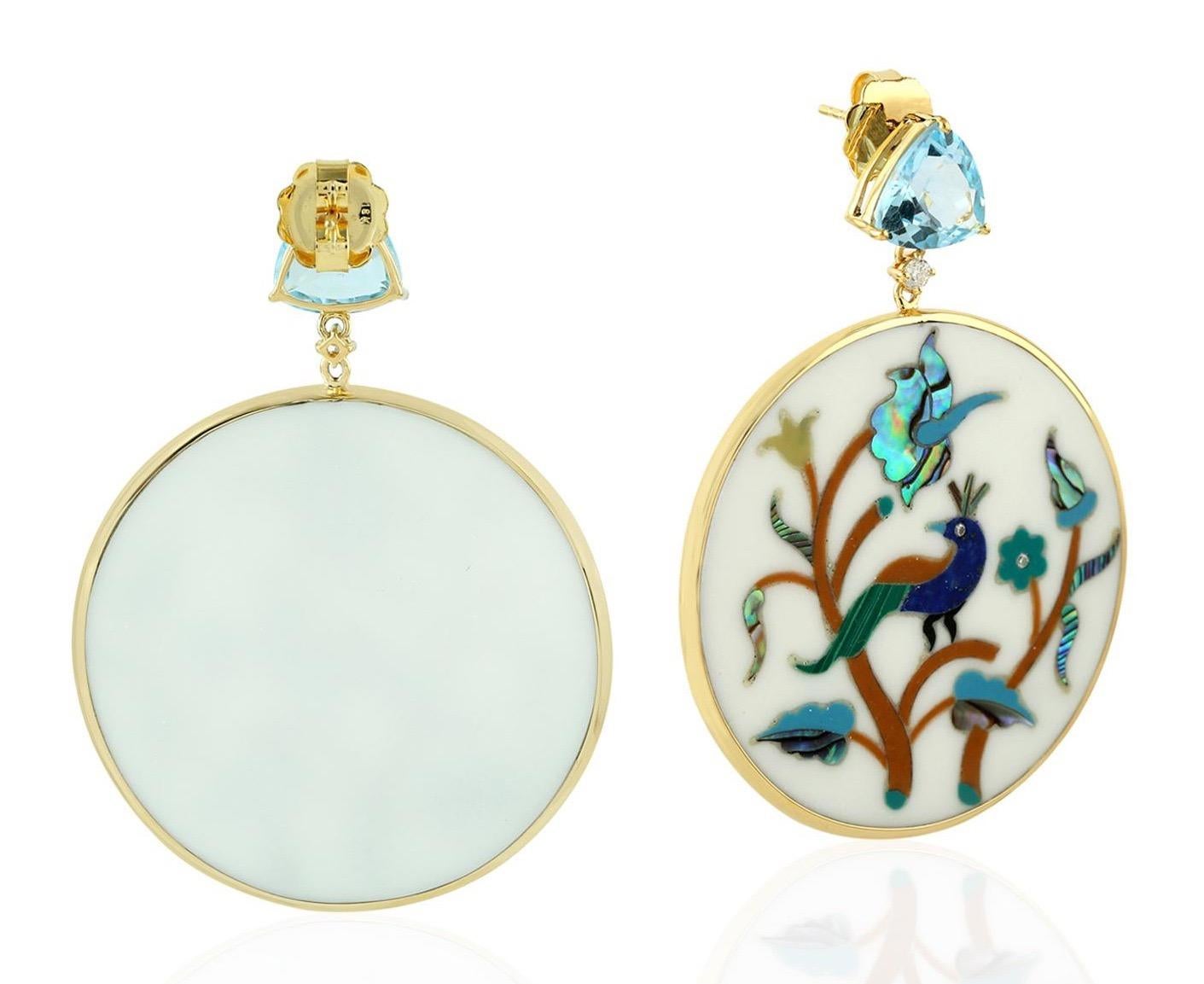 Artisan 7.35 Carat Blue Topaz Peacock Diamond 18 Karat Gold Enamel Earrings For Sale
