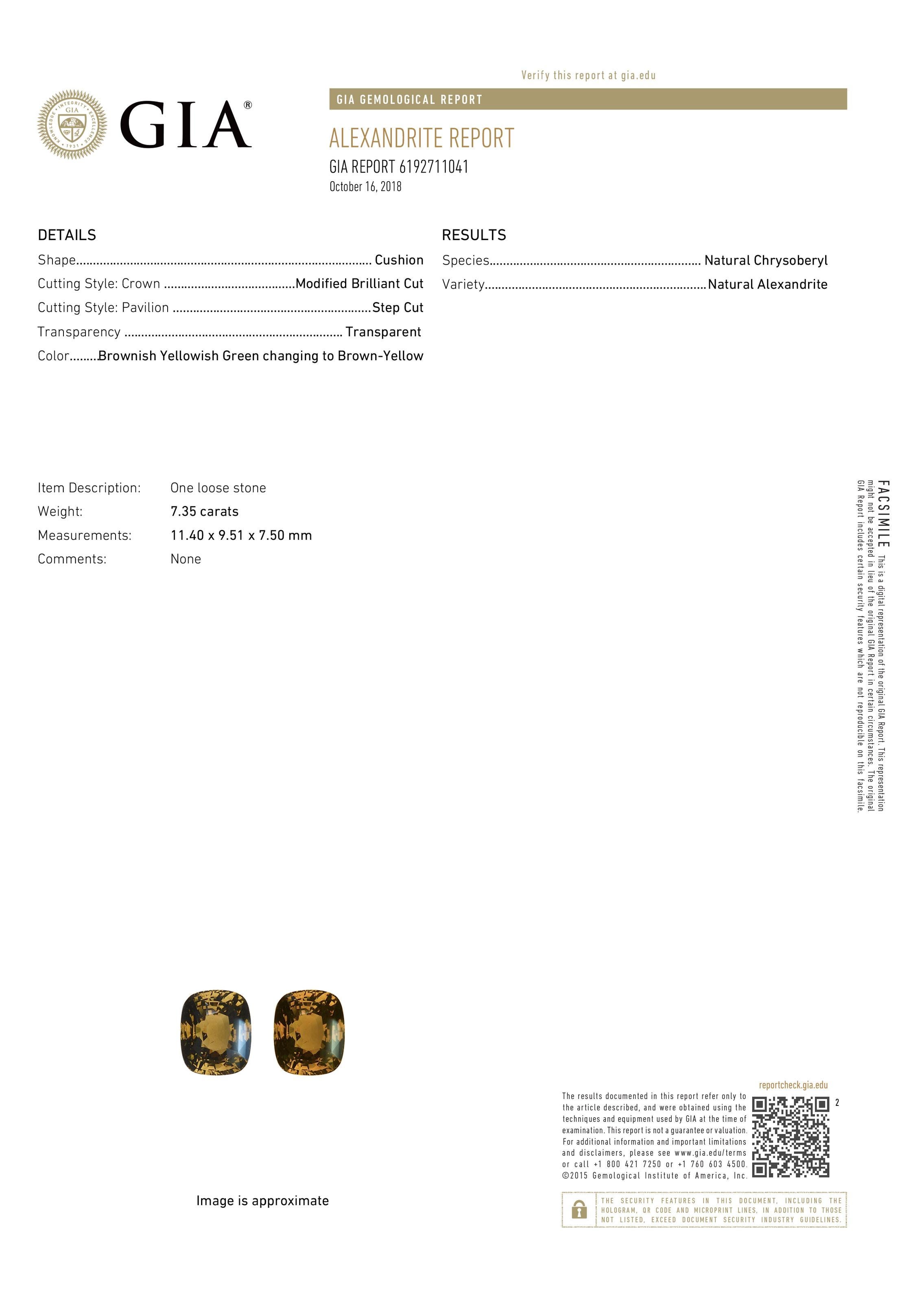 Coussin en alexandrite naturelle certifiée GIA de 7,35 carats Unisexe en vente
