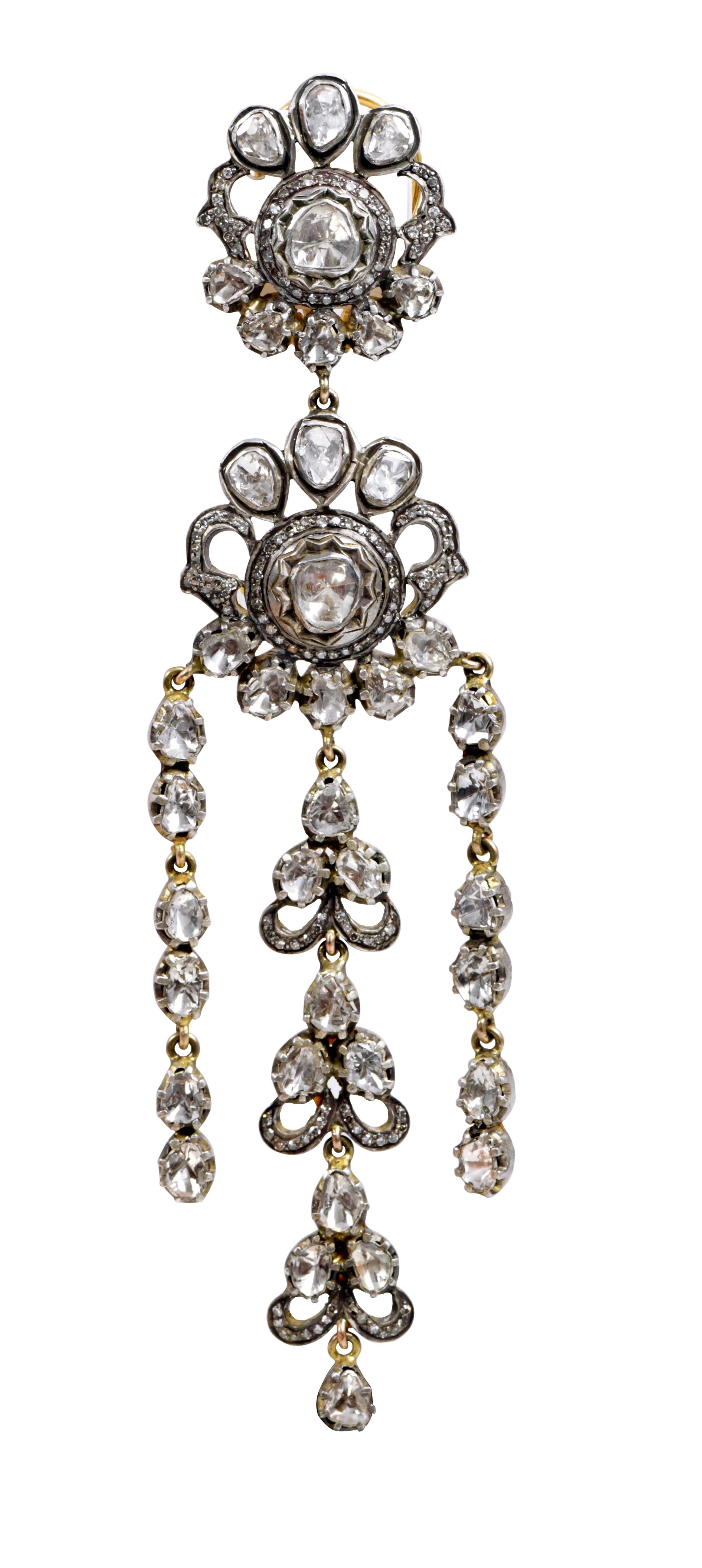 Uncut 7.35 Carat Diamond Chandelier Earrings in Art-Deco Style For Sale