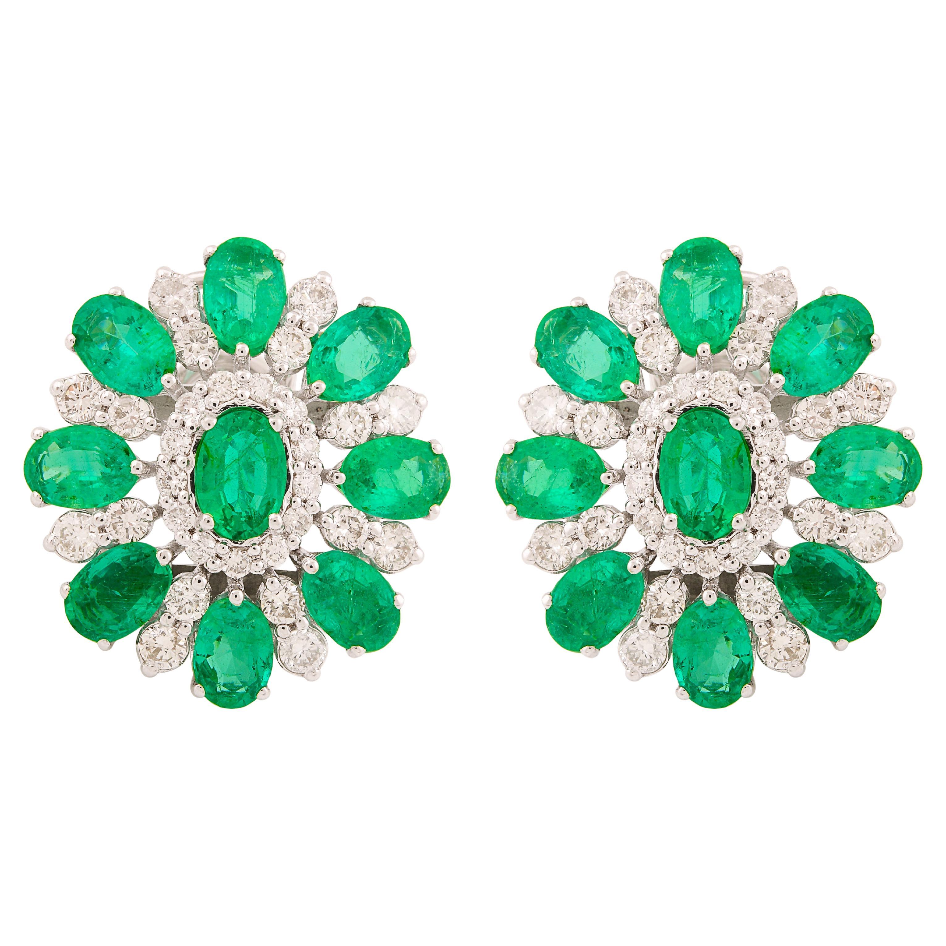 7.35 Carat Emerald 1.7 Carat Diamond Flower Stud Earrings 18 Karat White Gold