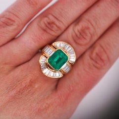 7.35 Carat Emerald & Baguette Diamond Ballerina 18K Gold Cocktail Ring