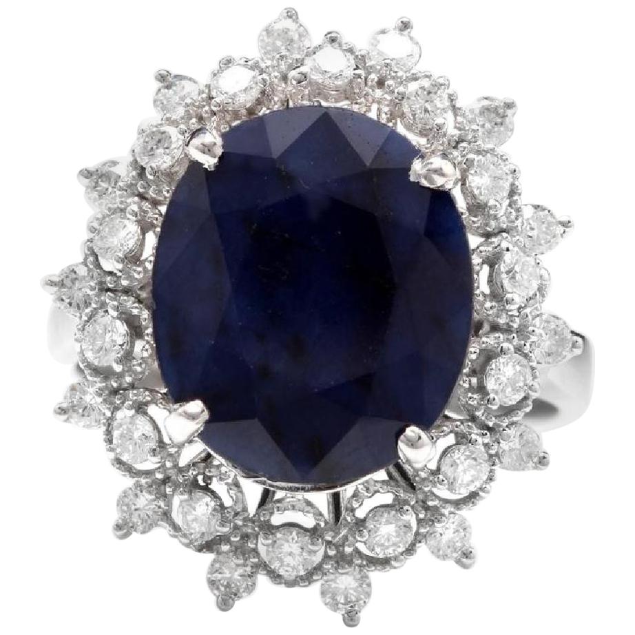 Exquisito zafiro azul natural de 7,35 quilates y diamante Oro blanco macizo de 14 quilates