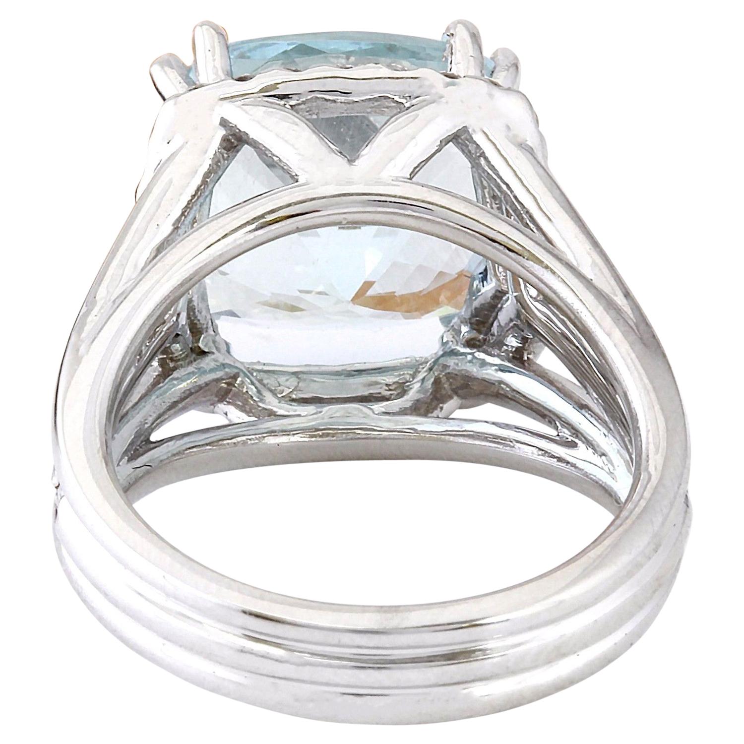Cushion Cut Natural Aquamarine 14 Karat Solid White Gold Diamond Ring For Sale
