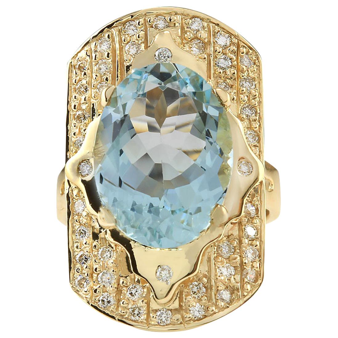 Natural Aquamarine 14 Karat Yellow Gold Diamond Ring For Sale