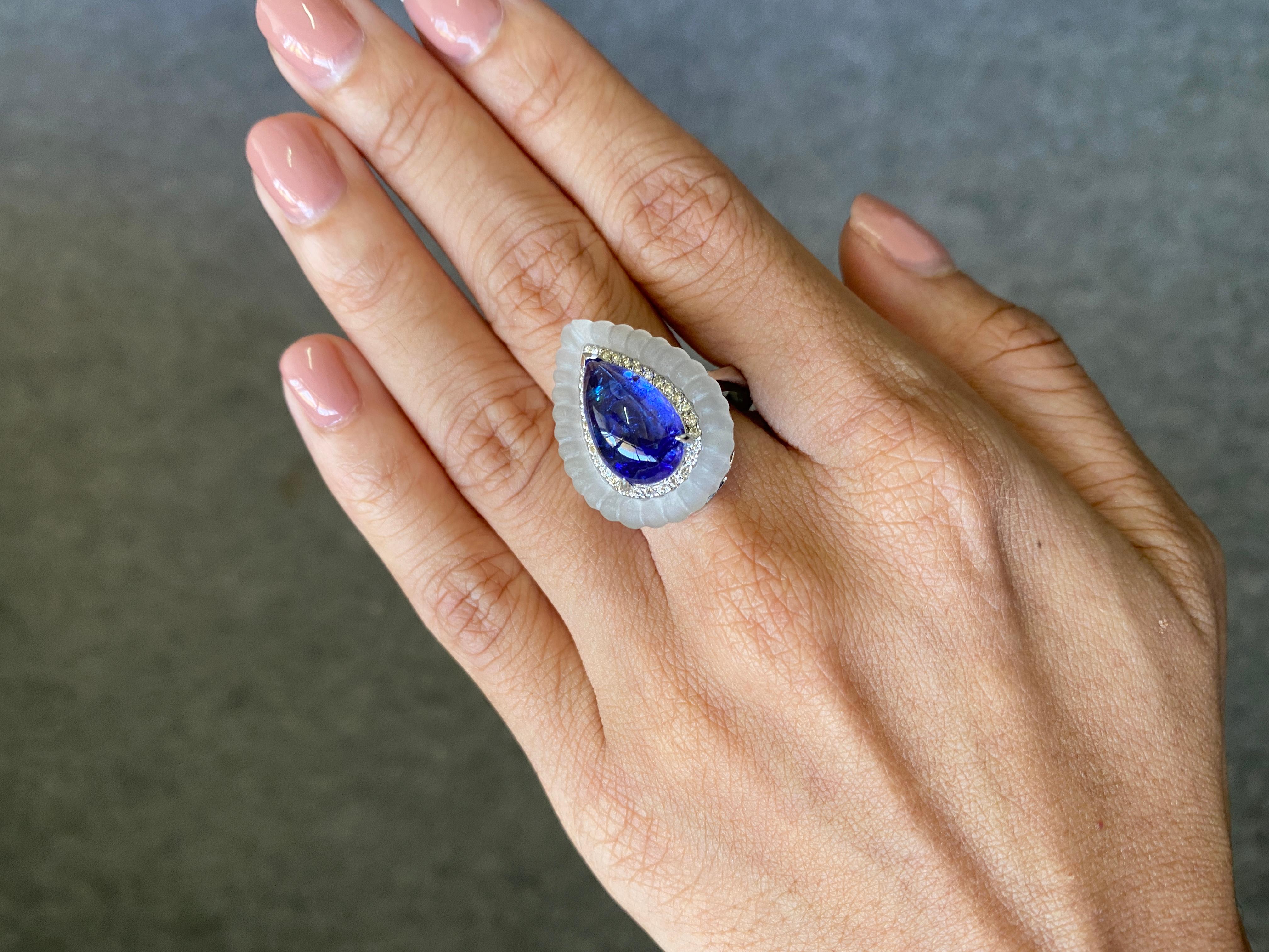 Art Deco 7.35 Carat Tanzanite and Rock Crystal Cocktail Ring For Sale