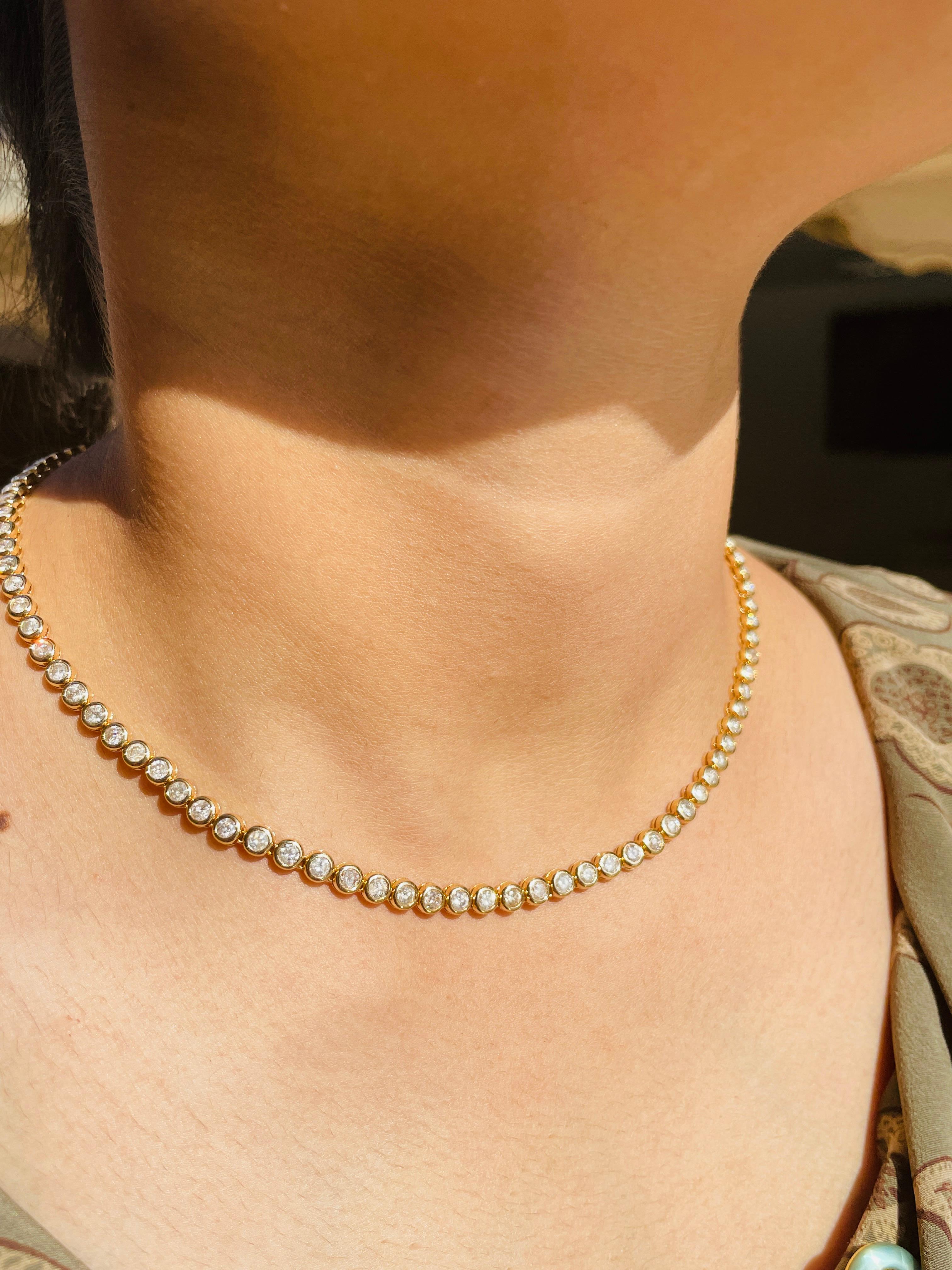 Round Cut 7.35 Carat Timeless Diamond Tennis Necklace in 18k Yellow Gold Gift for Women For Sale