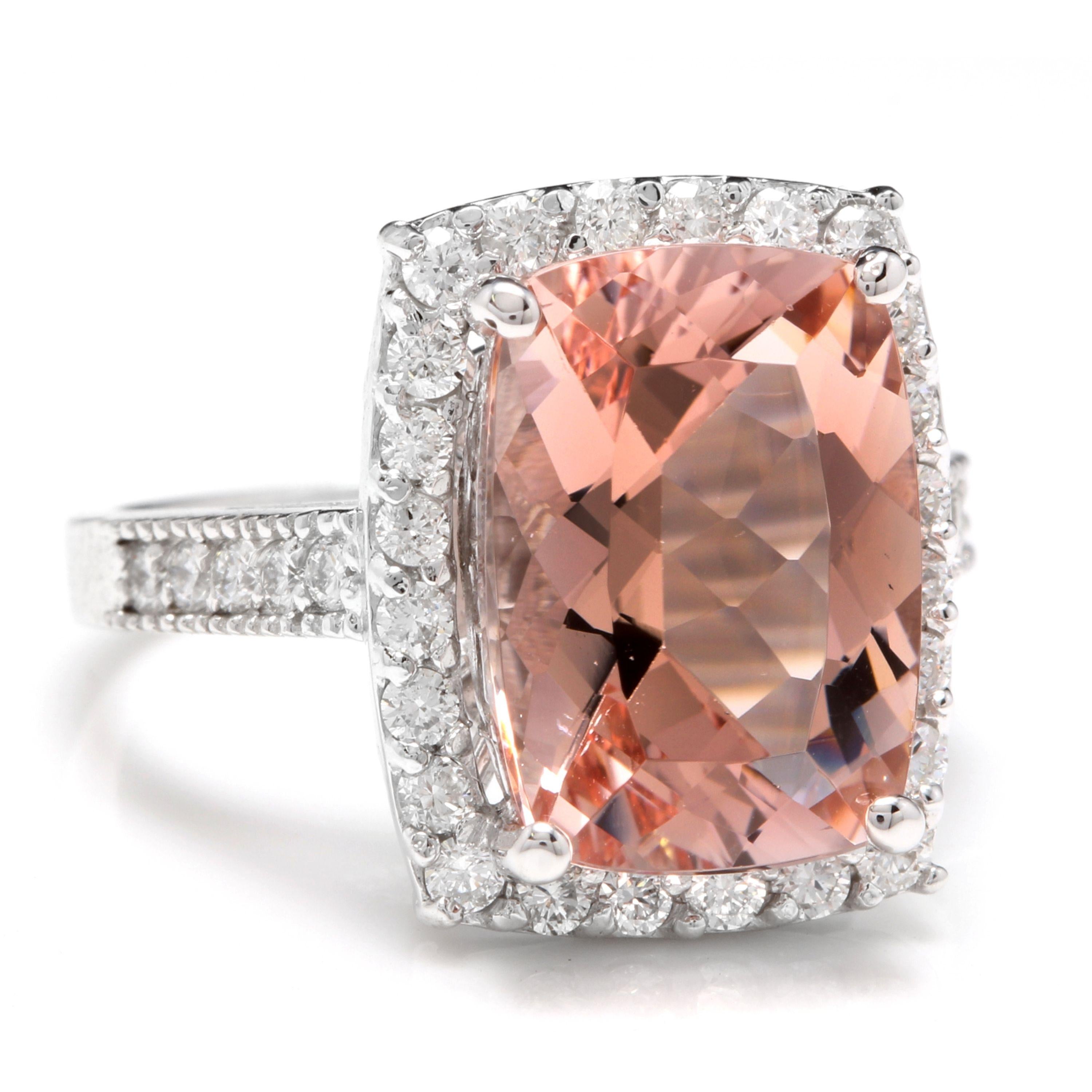 7.35 Carats Exquisite Natural Morganite and Diamond 14K Solid White Gold Ring

Total Natural Cushion Morganite Weights: Approx. 6.50 Carats

Morganite Measures: Approx. 14.00 x 10.00mm

Natural Round Diamonds Weight: Approx. 0.85 Carats (color G-H /