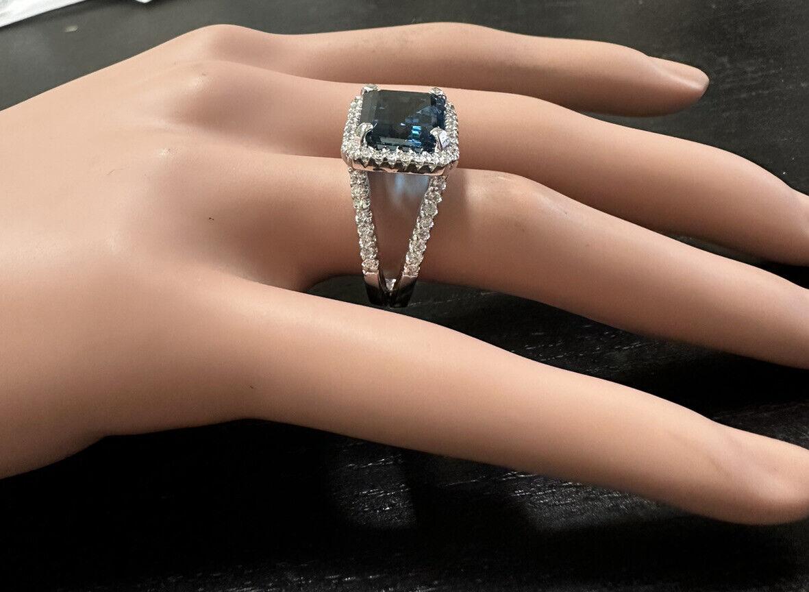 7.35 Carats Impressive Natural London Blue Topaz and Diamond 14K White Gold Ring For Sale 3