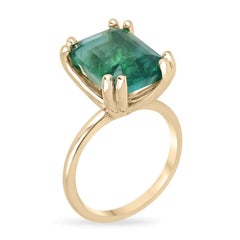 7.35ct 14K Emerald Cut Emerald Solitaire Ring - Lush Green Double Claw Prongs
