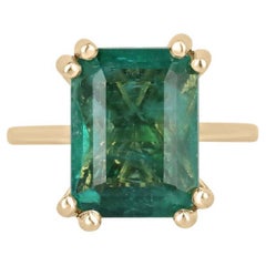 7.35ct 14K Emerald Cut Emerald Solitaire Ring - Lush Green Double Claw Prongs