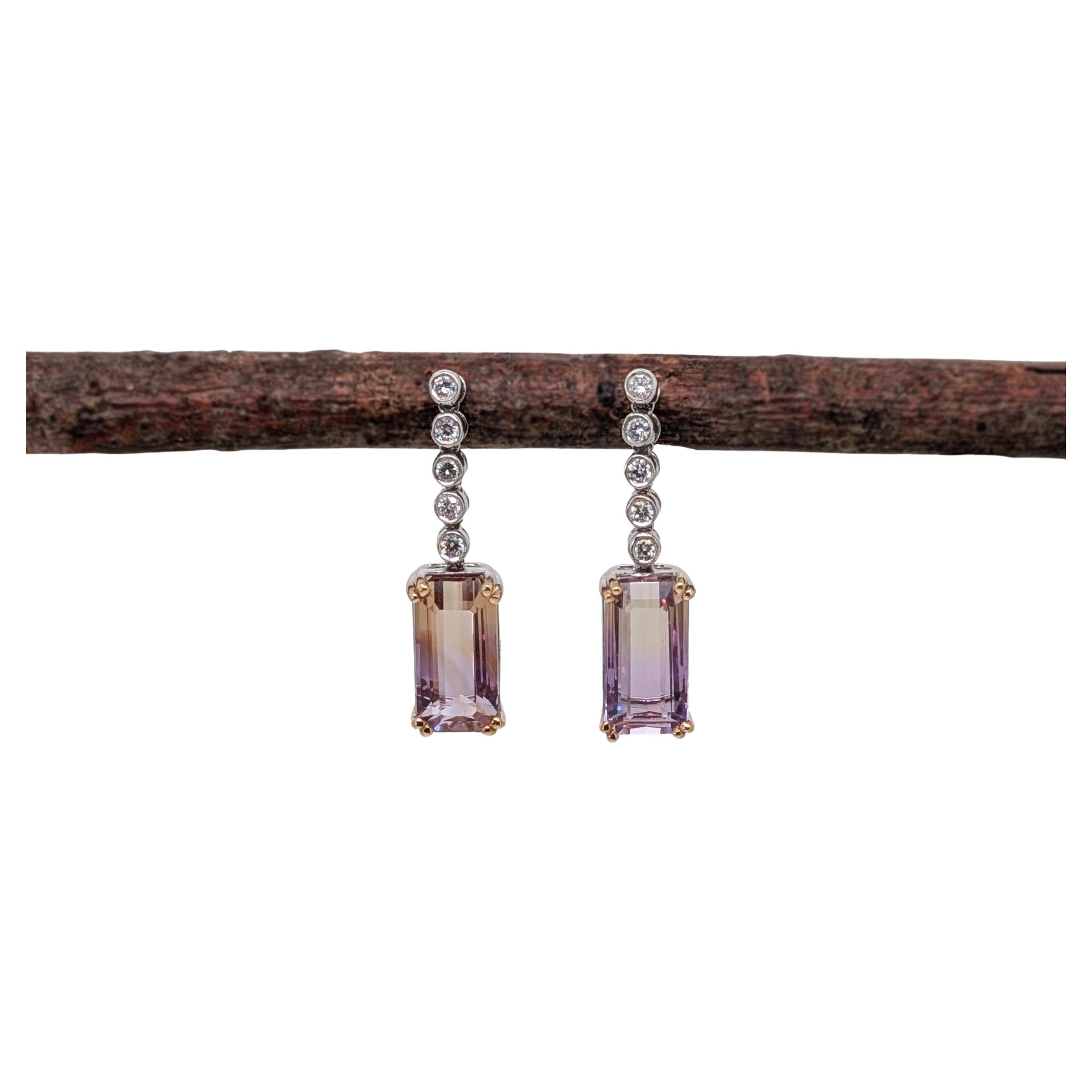 7.35cts Ametrine Diamond Drop Earrings in 14K White Gold  Emerald Cut 13x6.5mm For Sale