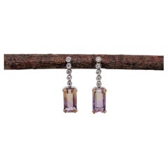 Boucles d'oreilles pendantes 7.35cts Amétrine en or blanc 14K  Taille émeraude 13x6,5 mm
