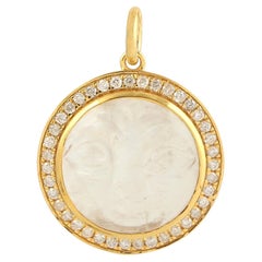 Collier pendentif en or 14 carats avec pierre de lune sculptée de 7,36 carats et diamants
