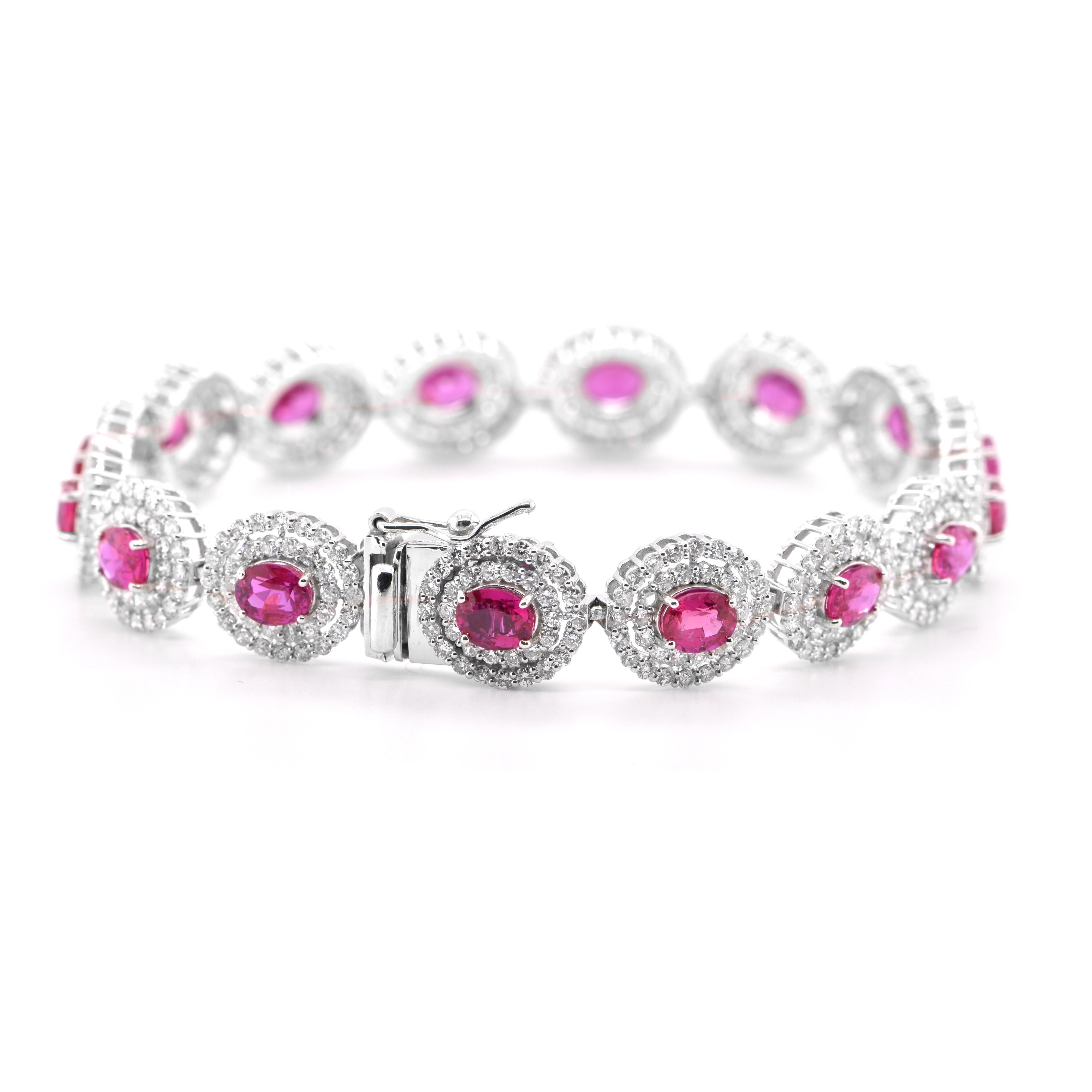 Modern 7.36 Carats Natural Unheated Rubies and Diamonds Tennis Bracelet Set in Platinum