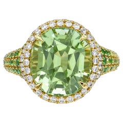 7.37 Carat Mint Green Tourmaline Oval Ring 18K Yellow Gold Tsavorite - Merkaba