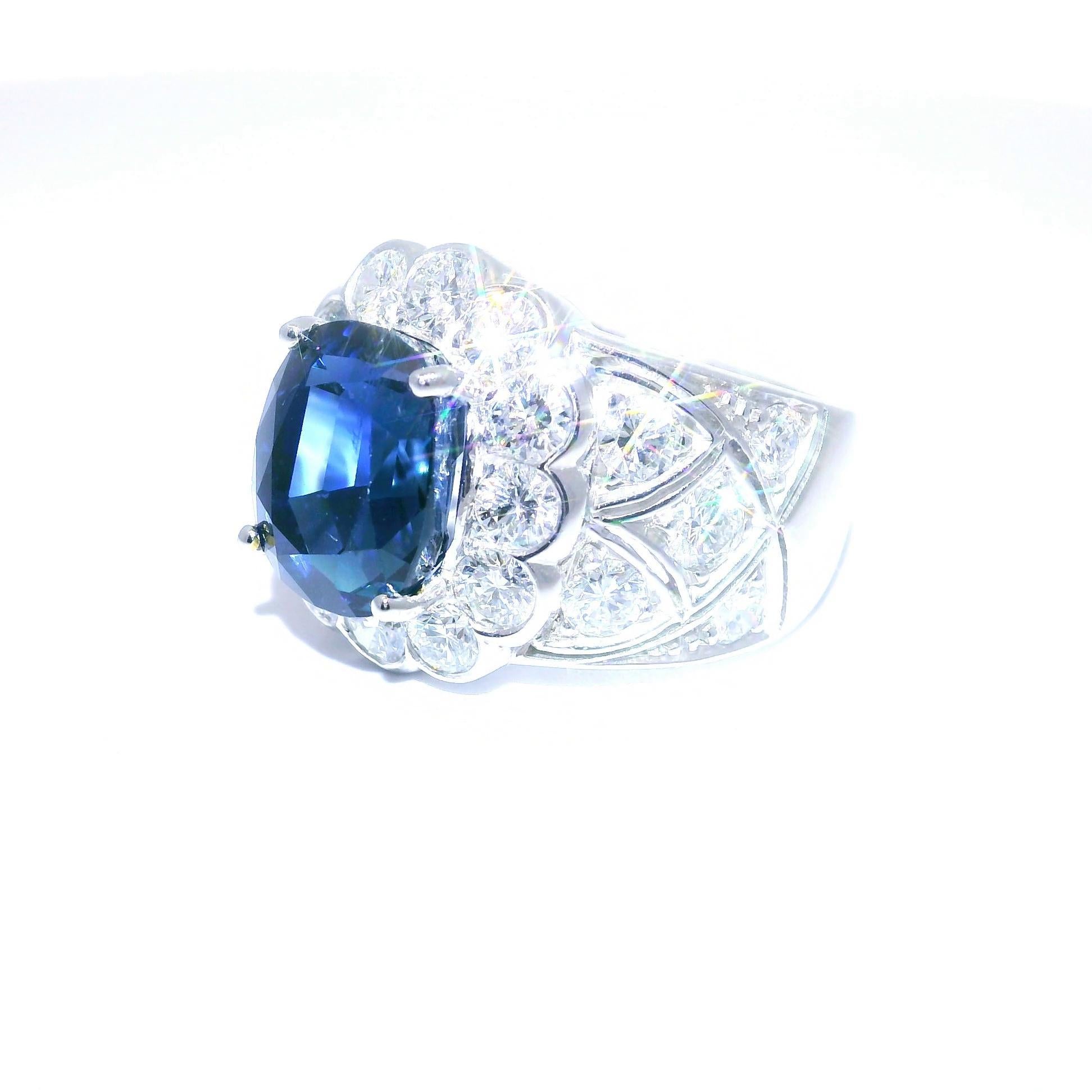 Contemporary 7.37 Carat No-Heat Burmese Sapphire Diamond 18k White Gold Ring, Gübelin Cert For Sale