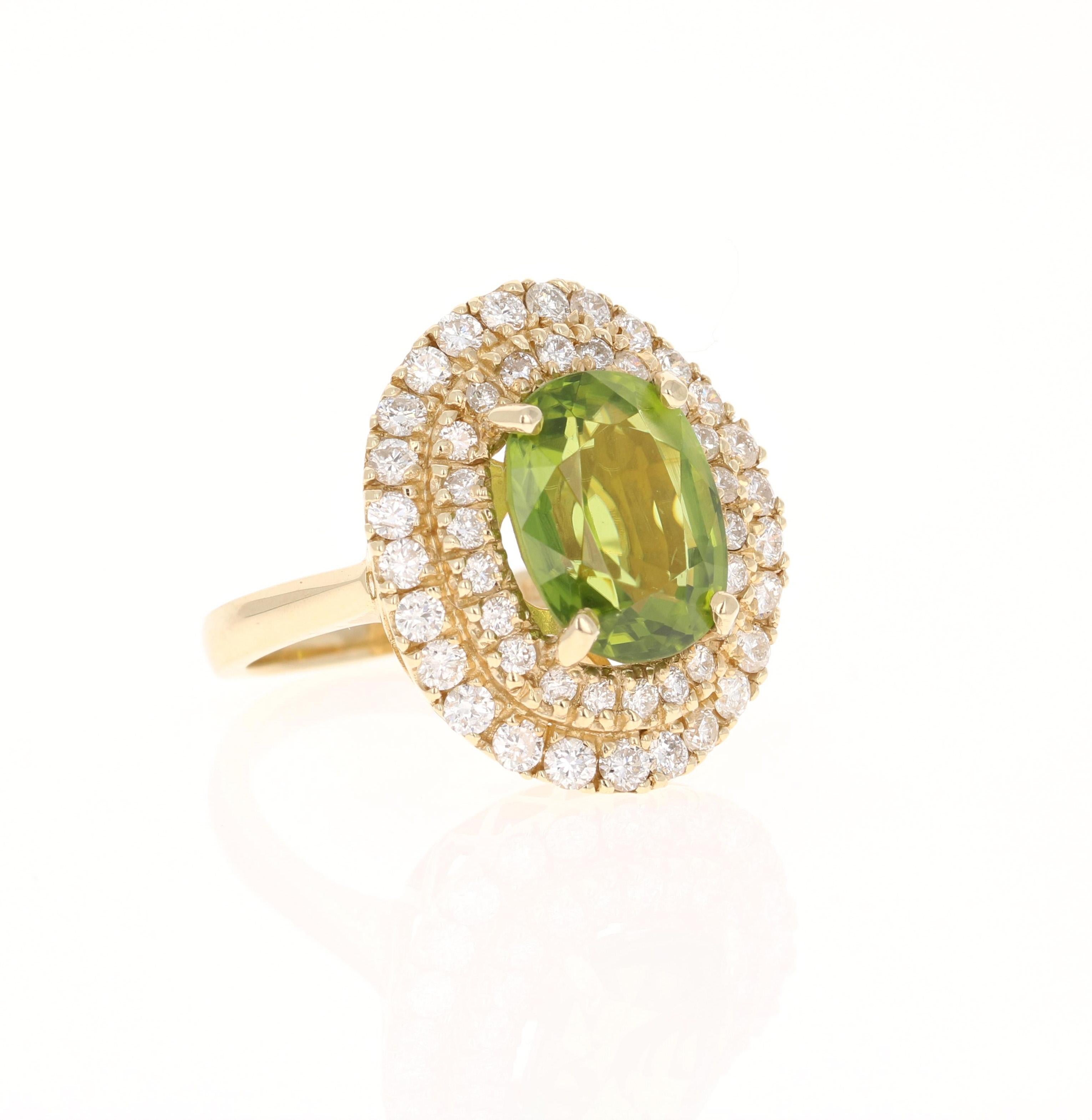 This Peridot and Diamond Ring has a 6.02 Carat Oval Cut Peridot set in the center and has 58 Round Cut Diamonds weighing 1.35 Carats.  The Clarity and Color of the diamonds is SI2/ F.
The total carat weight of the ring is 7.37 Carats. 

It is set in