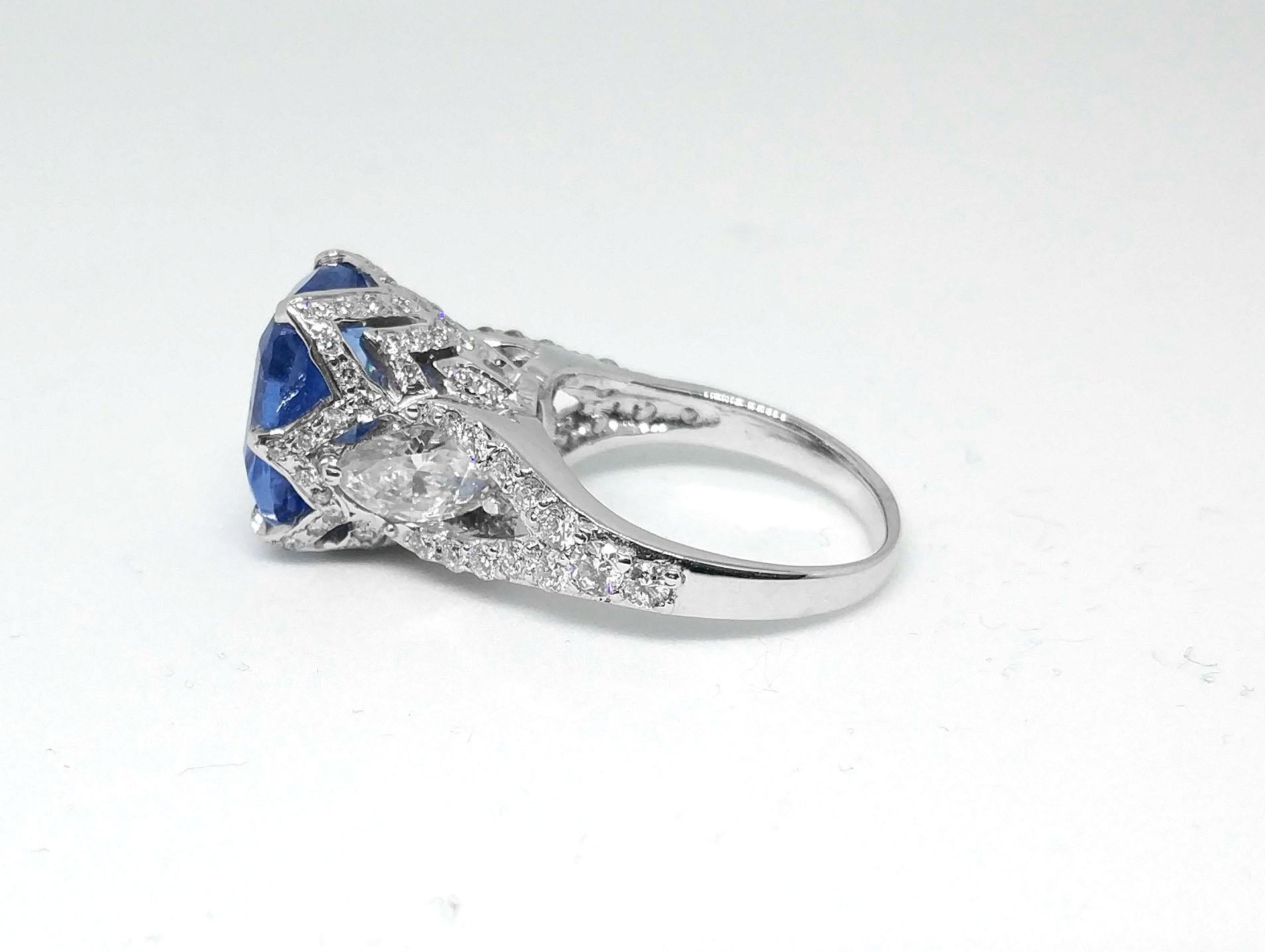 Art Deco 7.37 Carat Prime Sapphire 2.4 Carat Diamond Ring circa 1970 For Sale