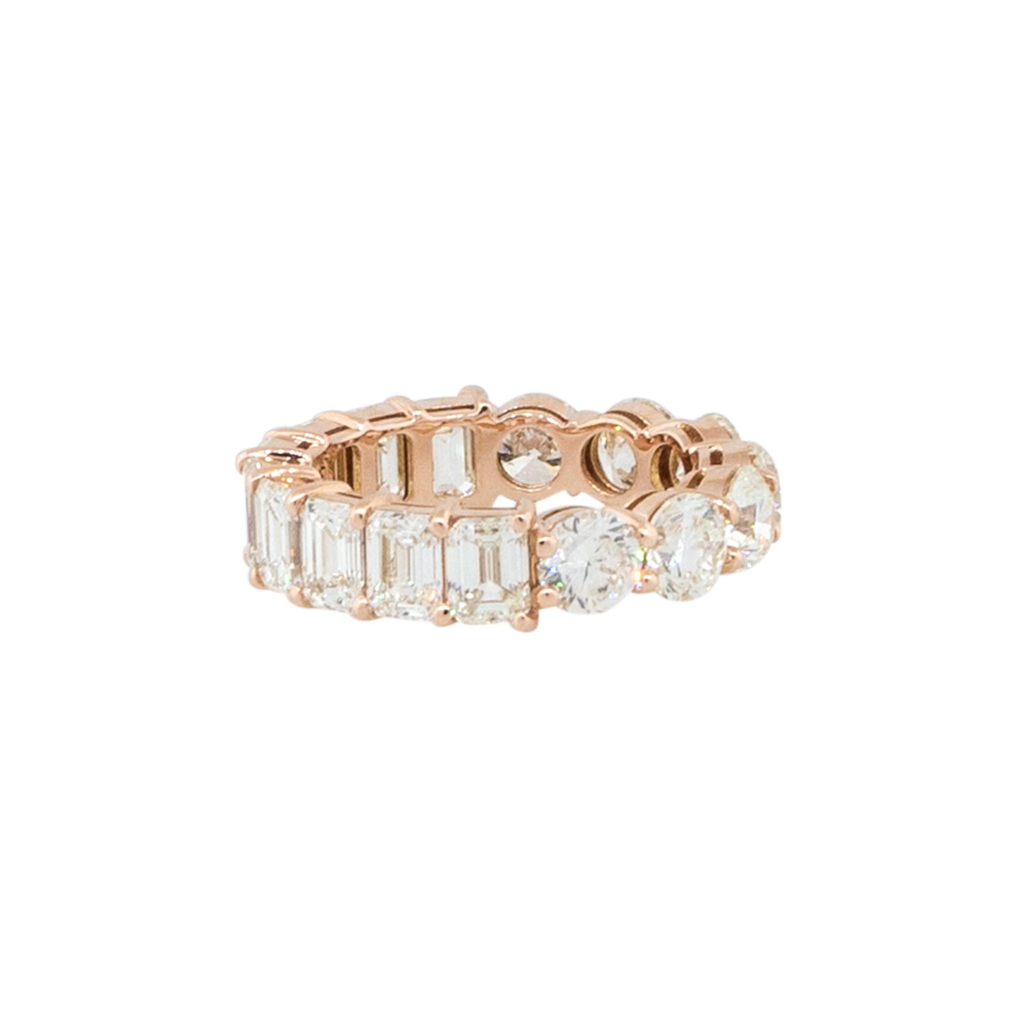 7.37 Carat Round and Emerald Cut Diamond Eternity Band Ring 14 Karat in Stock For Sale 1