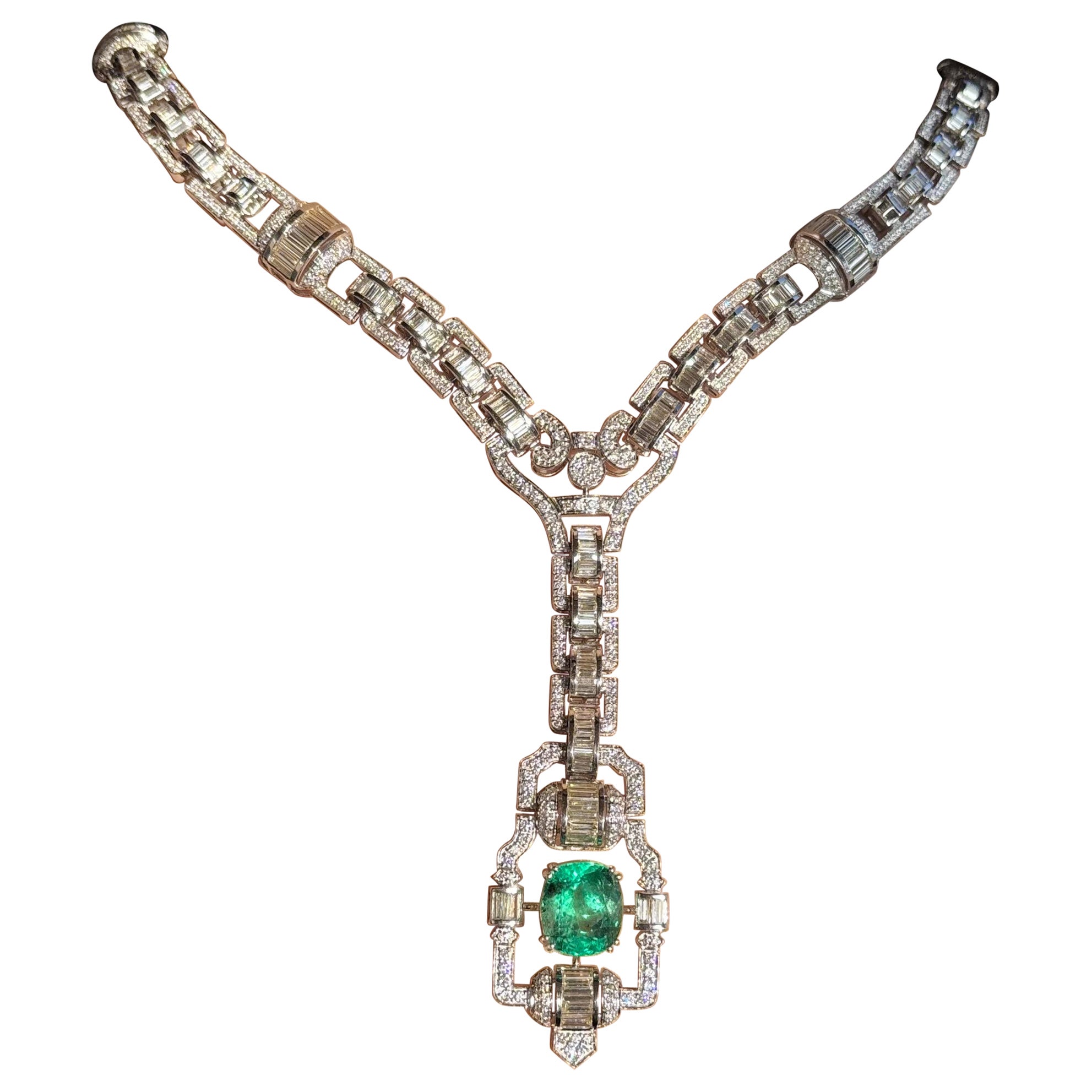 7.38 Carat Natural Colombian Emerald Necklace set in 18 Karat White Gold For Sale