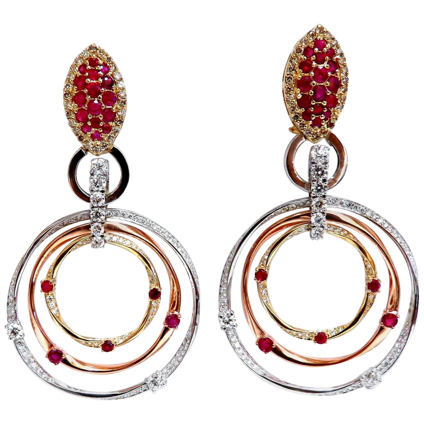 7.38 Carat Natural Ruby Diamond Dangle Chandelier Earrings 14 Karat Gold Omega For Sale
