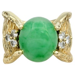 7.38 Carat Oval Cabochon Jade Ring with Diamonds Textured 14 Karat Yellow Gold