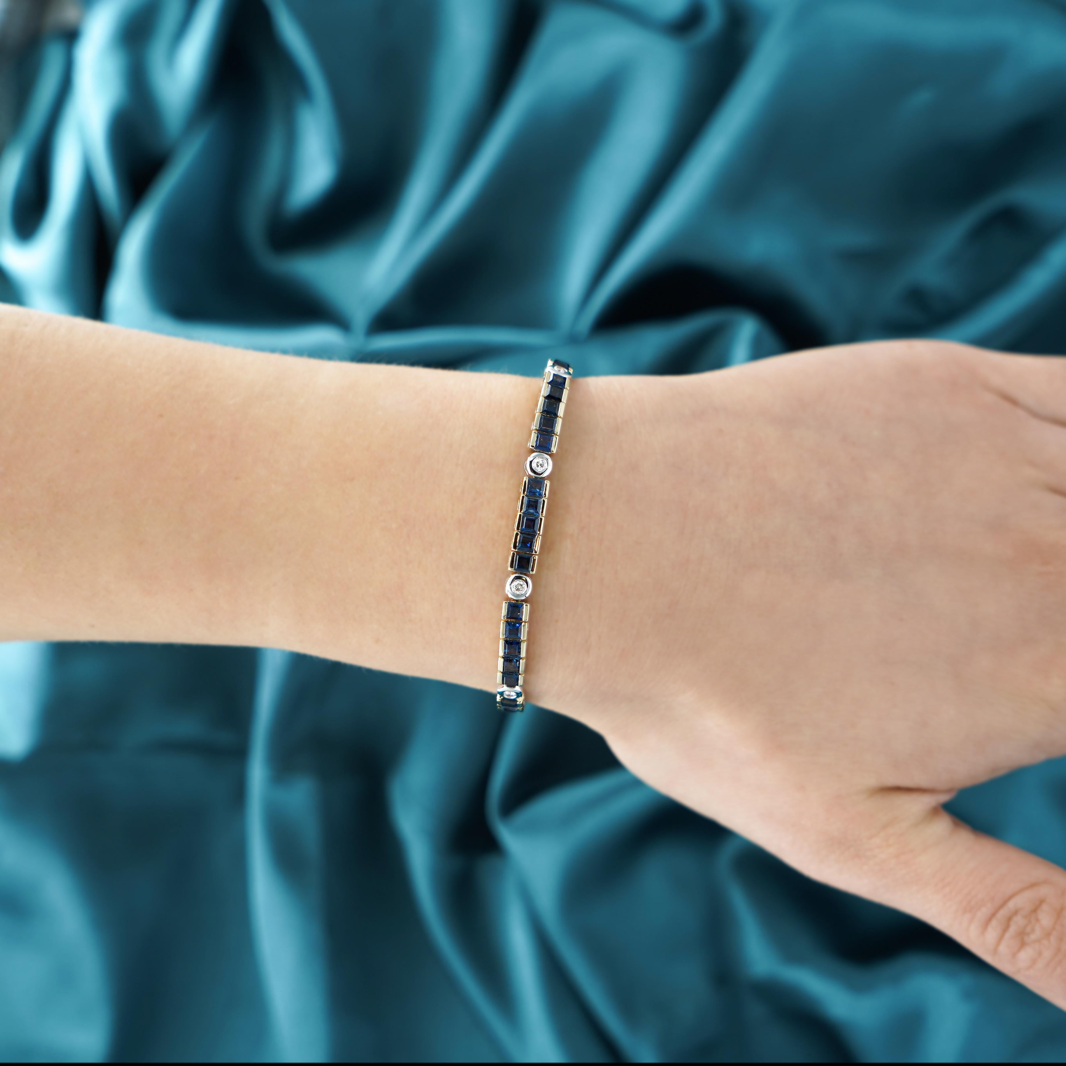 Zafiro y diamante de 7,38 quilates Eslabón cuadrado y redondo Canal de 18 quilates Pulsera de tenis en venta 4