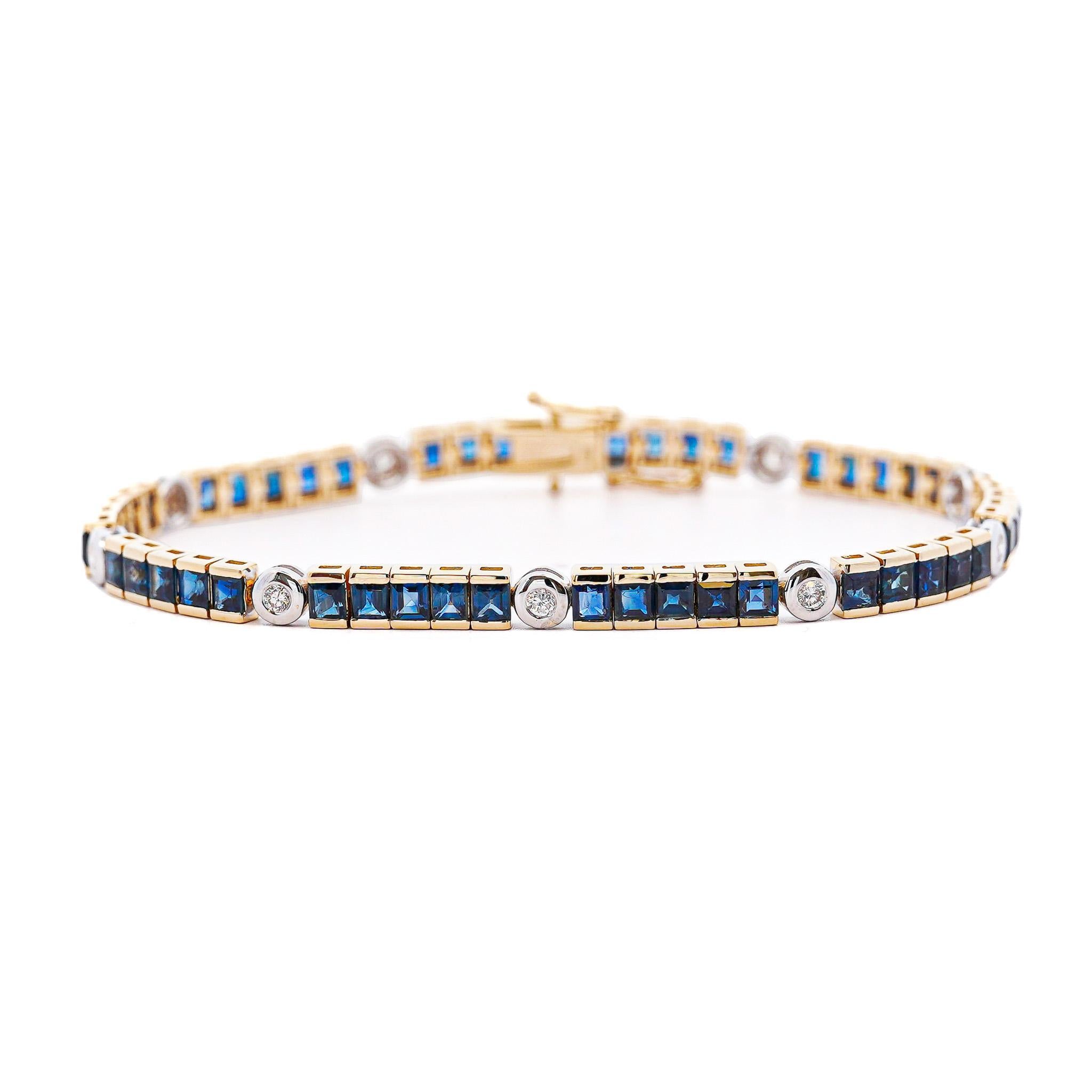 7.38 Carat Sapphire & Diamond Square & Round Link 18K Channel Tennis Bracelet For Sale 5