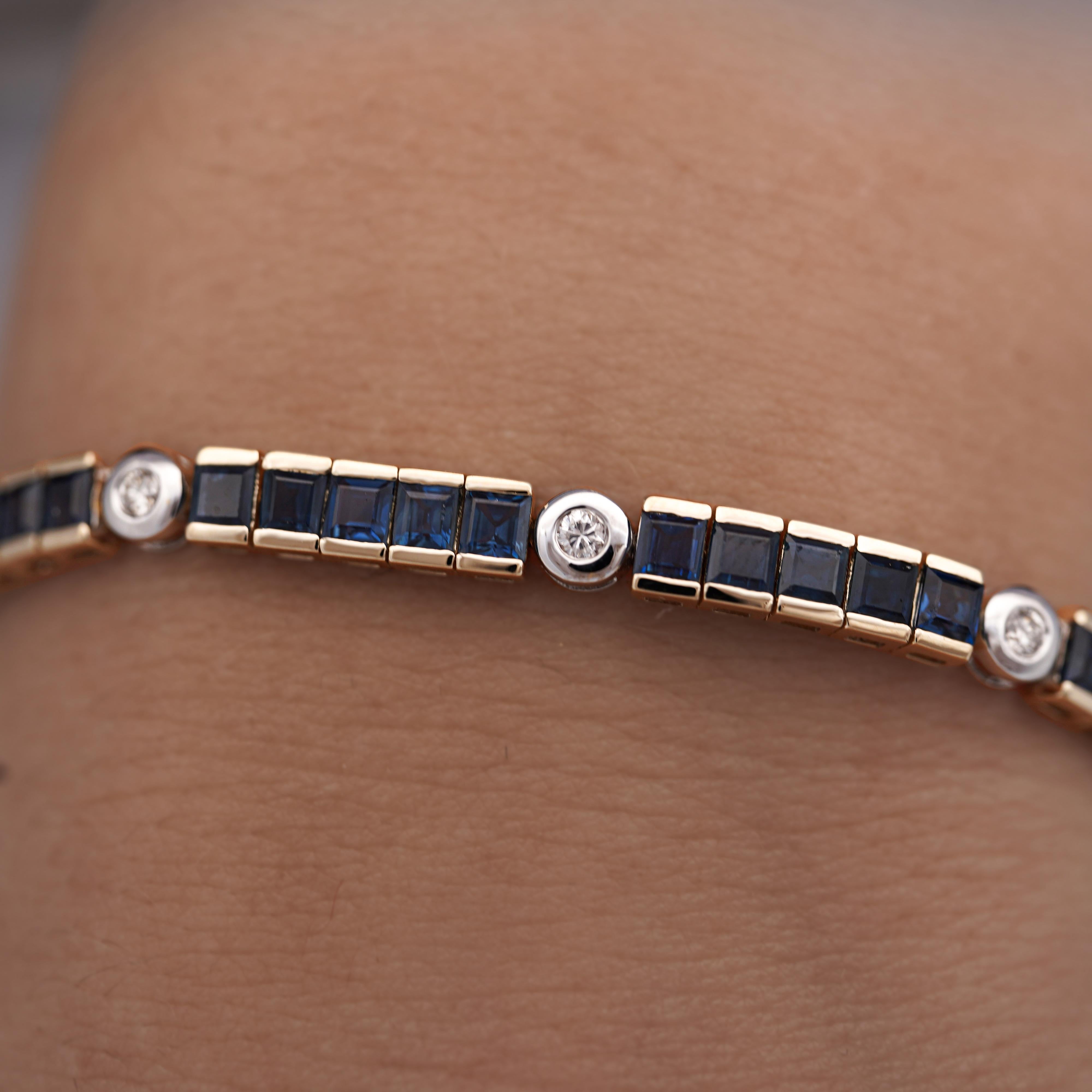 Contemporary 7.38 Carat Sapphire & Diamond Square & Round Link 18K Channel Tennis Bracelet For Sale