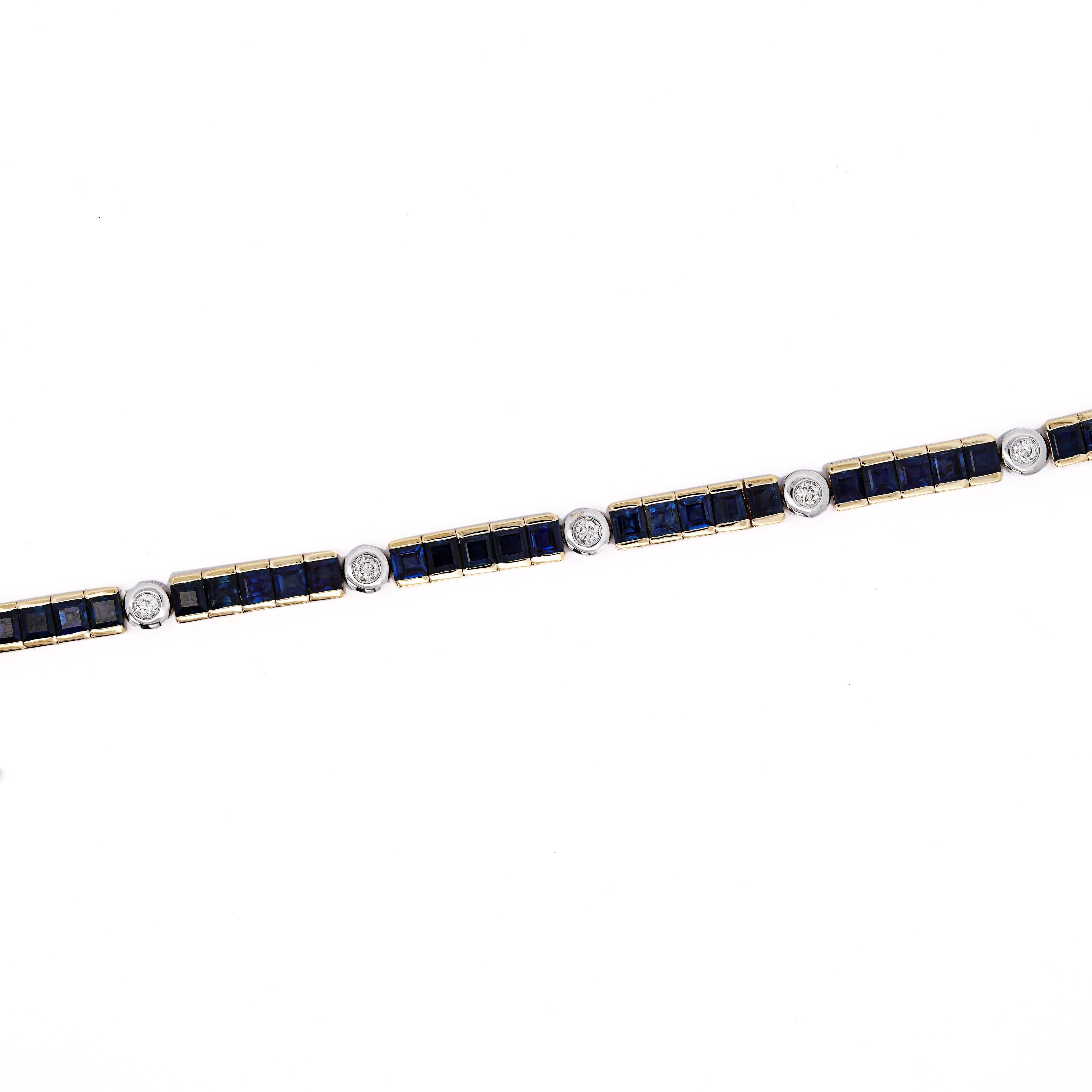 Square Cut 7.38 Carat Sapphire & Diamond Square & Round Link 18K Channel Tennis Bracelet For Sale