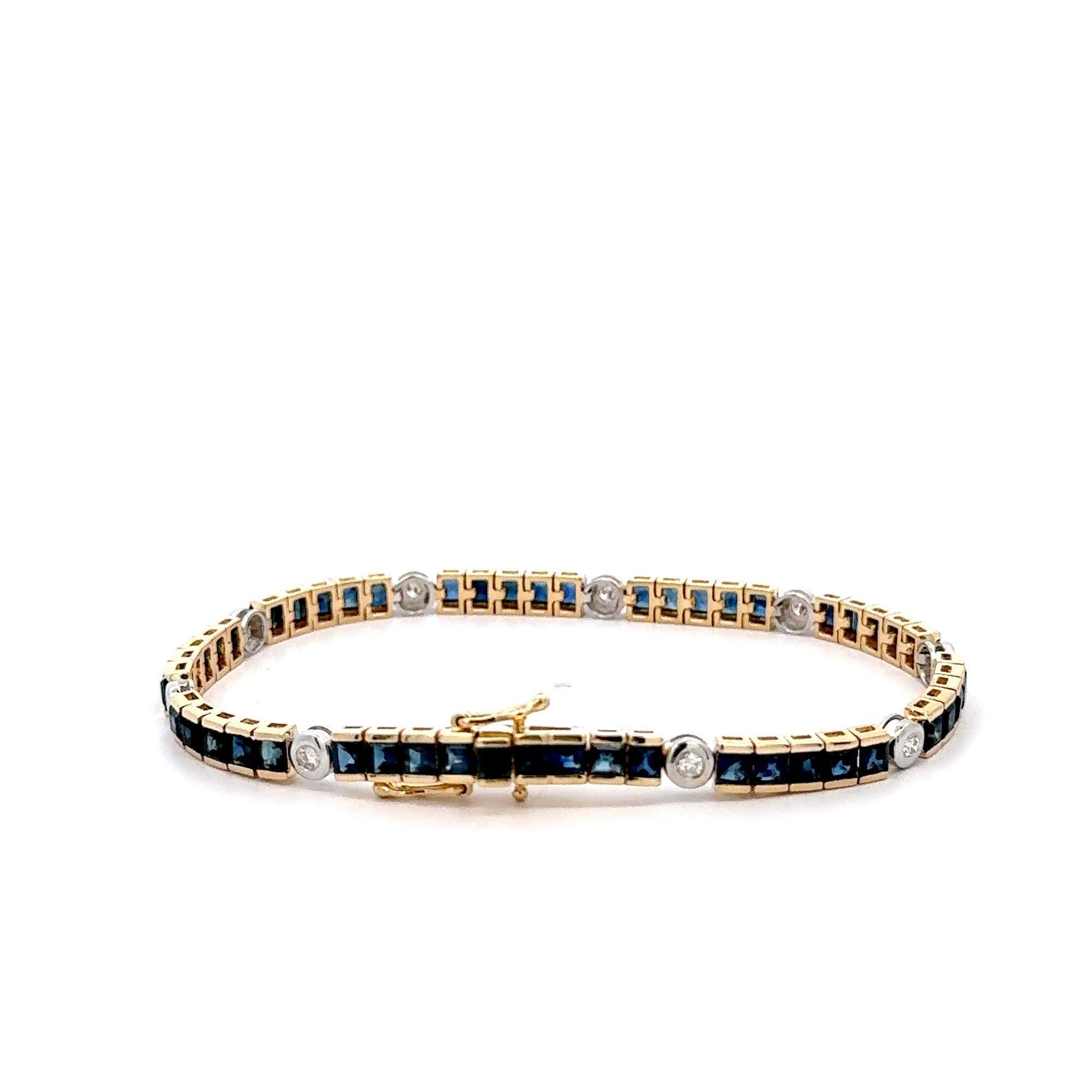 7.38 Carat Sapphire & Diamond Square & Round Link 18K Channel Tennis Bracelet In New Condition For Sale In Miami, FL