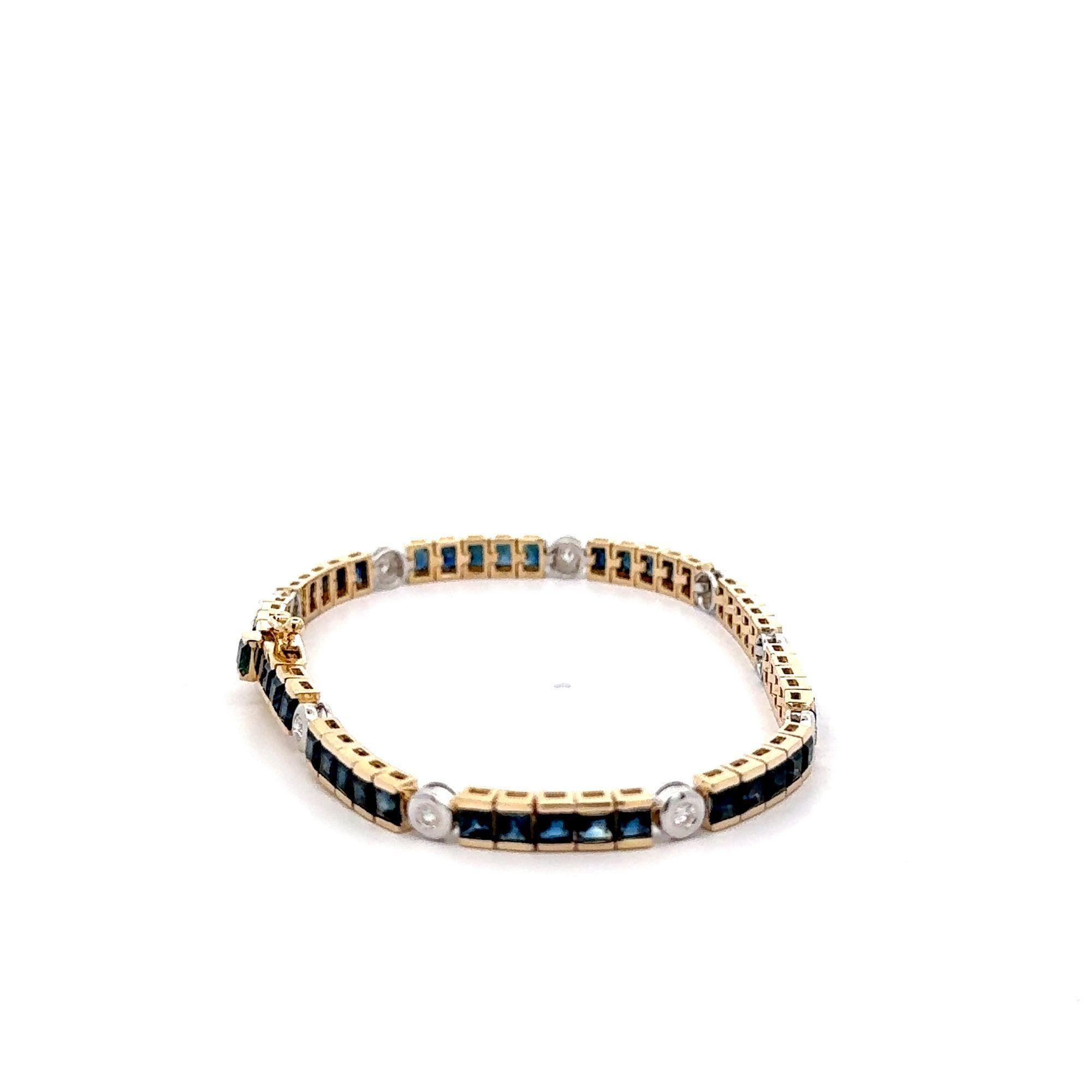 Women's 7.38 Carat Sapphire & Diamond Square & Round Link 18K Channel Tennis Bracelet For Sale