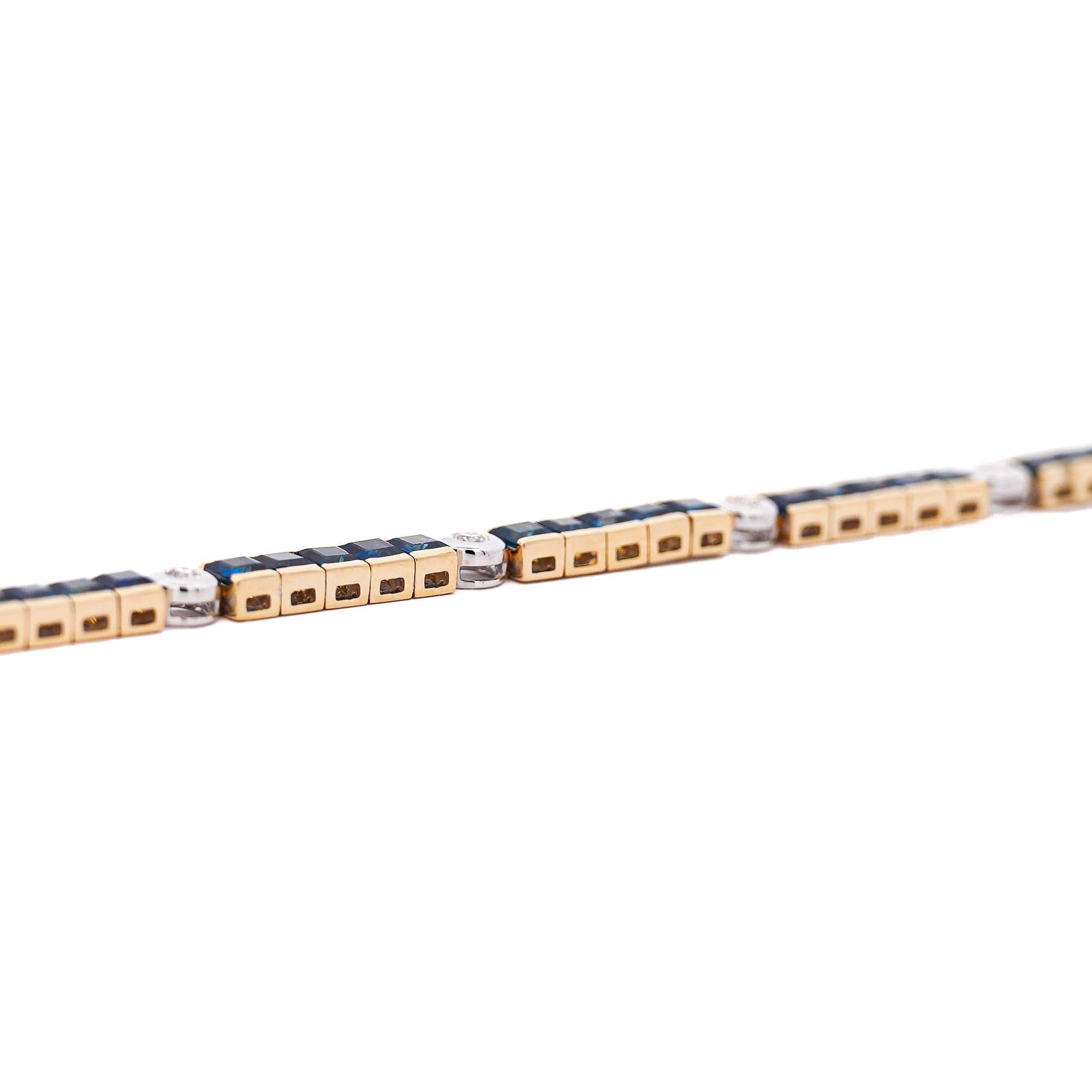 7.38 Carat Sapphire & Diamond Square & Round Link 18K Channel Tennis Bracelet For Sale 1