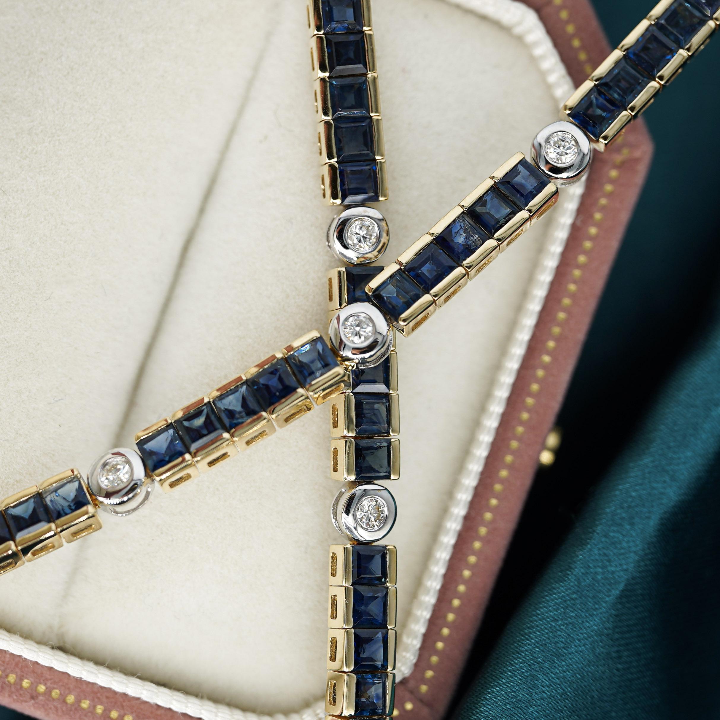 7.38 Carat Sapphire & Diamond Square & Round Link 18K Channel Tennis Bracelet For Sale 2