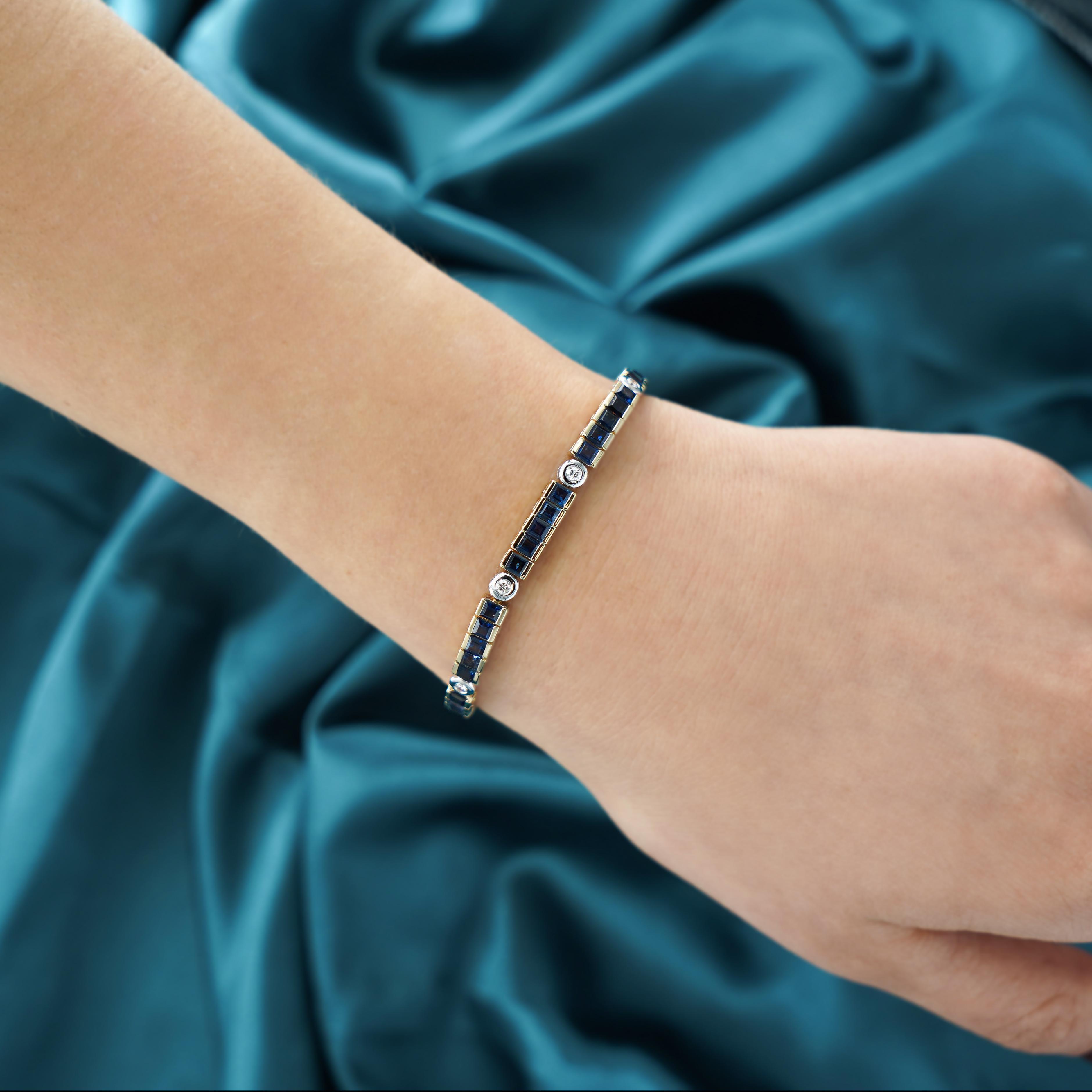 7.38 Carat Sapphire & Diamond Square & Round Link 18K Channel Tennis Bracelet For Sale 3