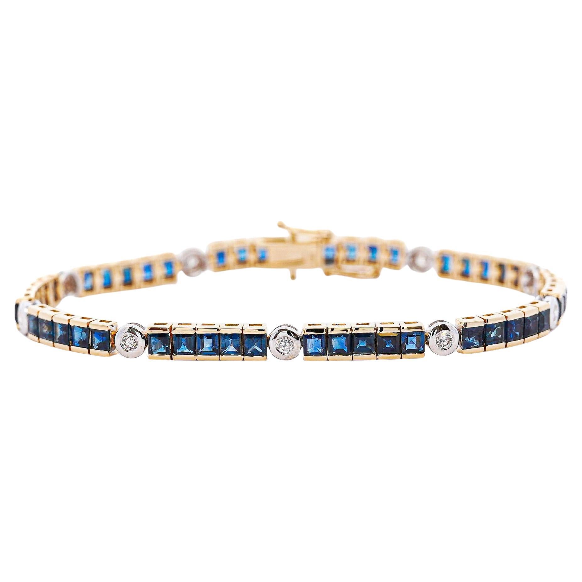 7.38 Carat Sapphire & Diamond Square & Round Link 18K Channel Tennis Bracelet For Sale