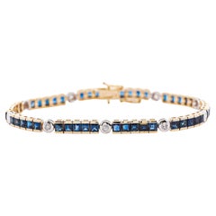 Zafiro y diamante de 7,38 quilates Eslabón cuadrado y redondo Canal de 18 quilates Pulsera de tenis