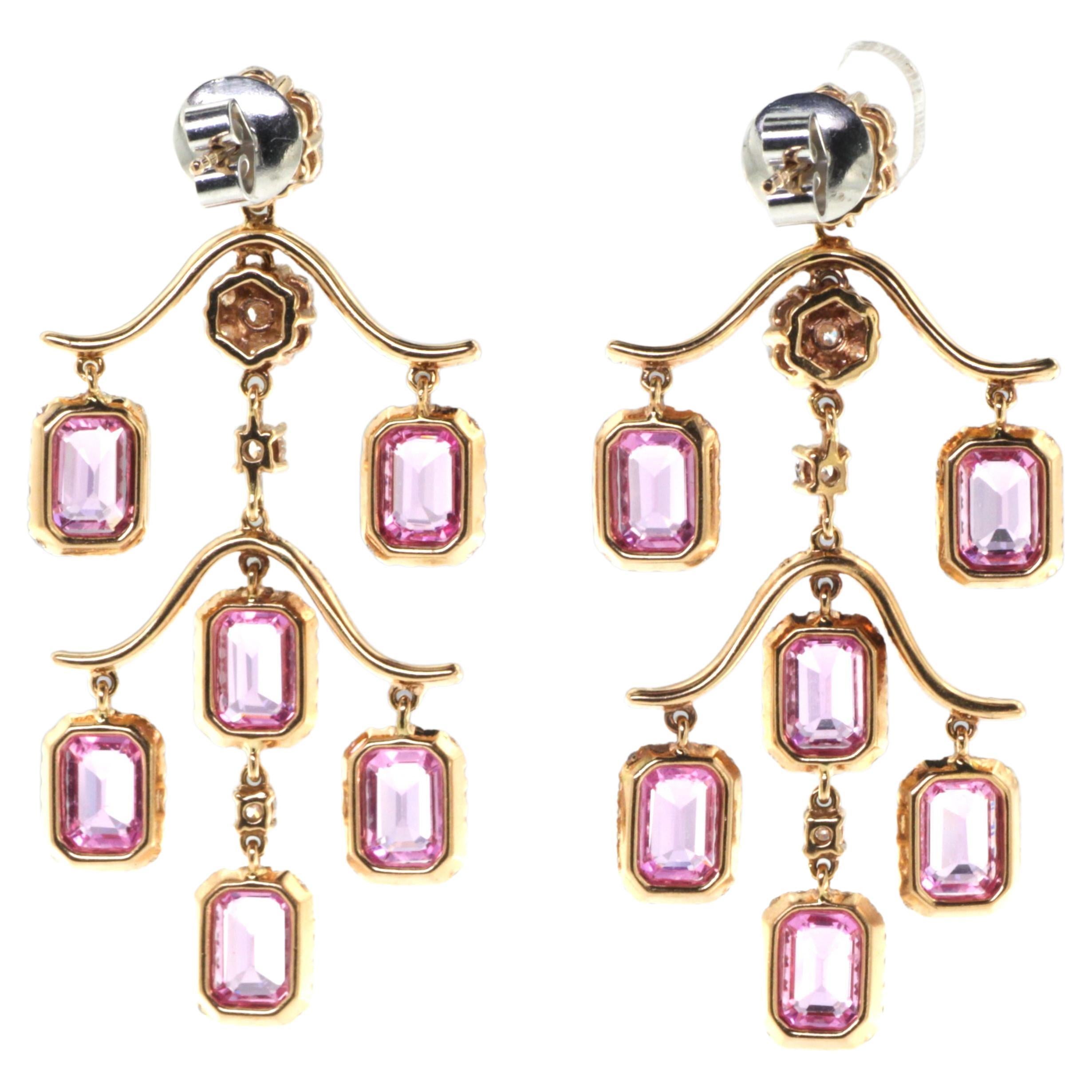 The 7.38-carat Pink Sapphire Diamonds Chandelier Earrings exude elegance and luxury. Crafted meticulously in 18-karat rose gold, they showcase a masterful blend of design and craftsmanship. The radiant pink sapphires, totaling 7.38 carats, are the