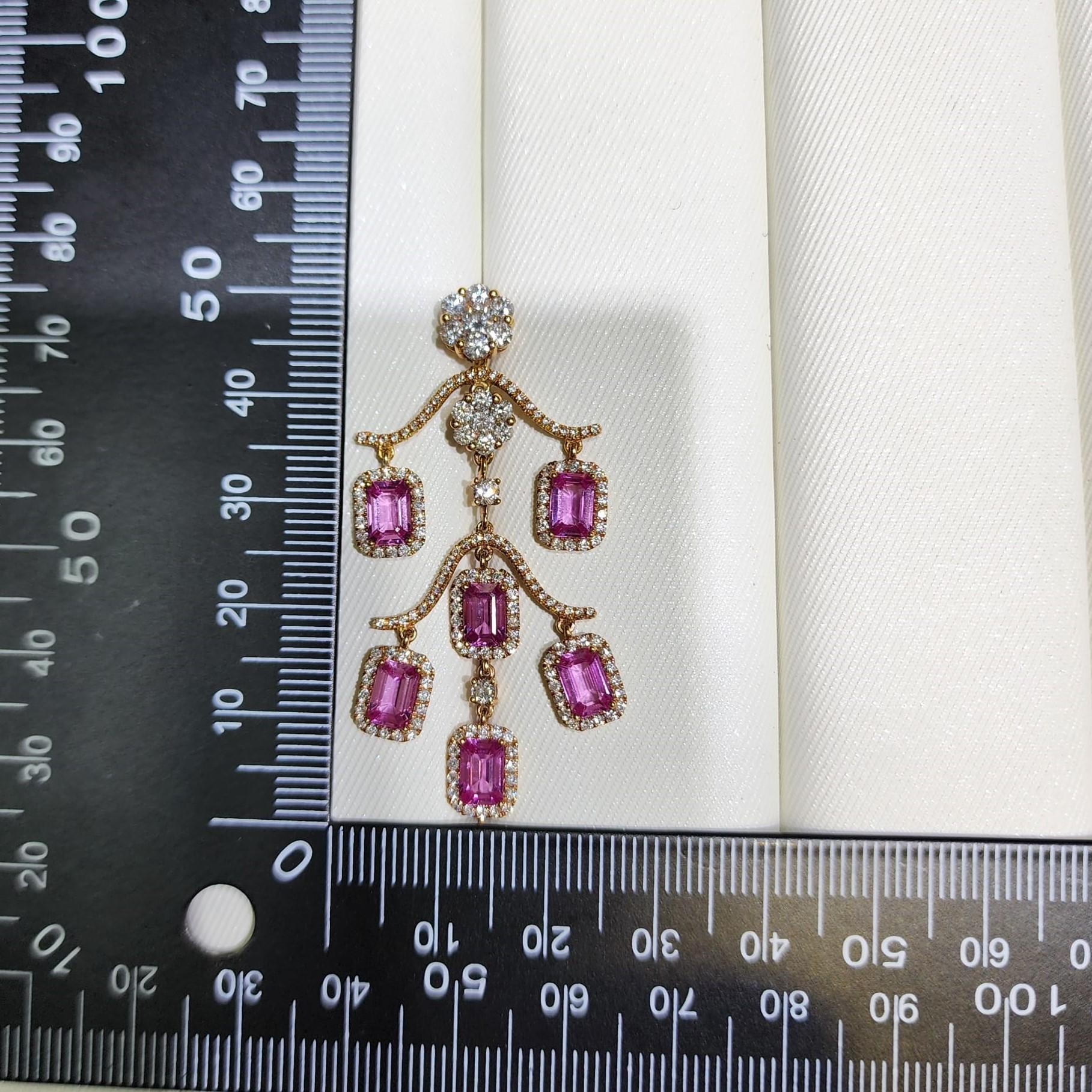 Emerald Cut 7.38 Carats Pink Sapphire Diamonds Chandelier Earring in 18 Karat Rose Gold For Sale