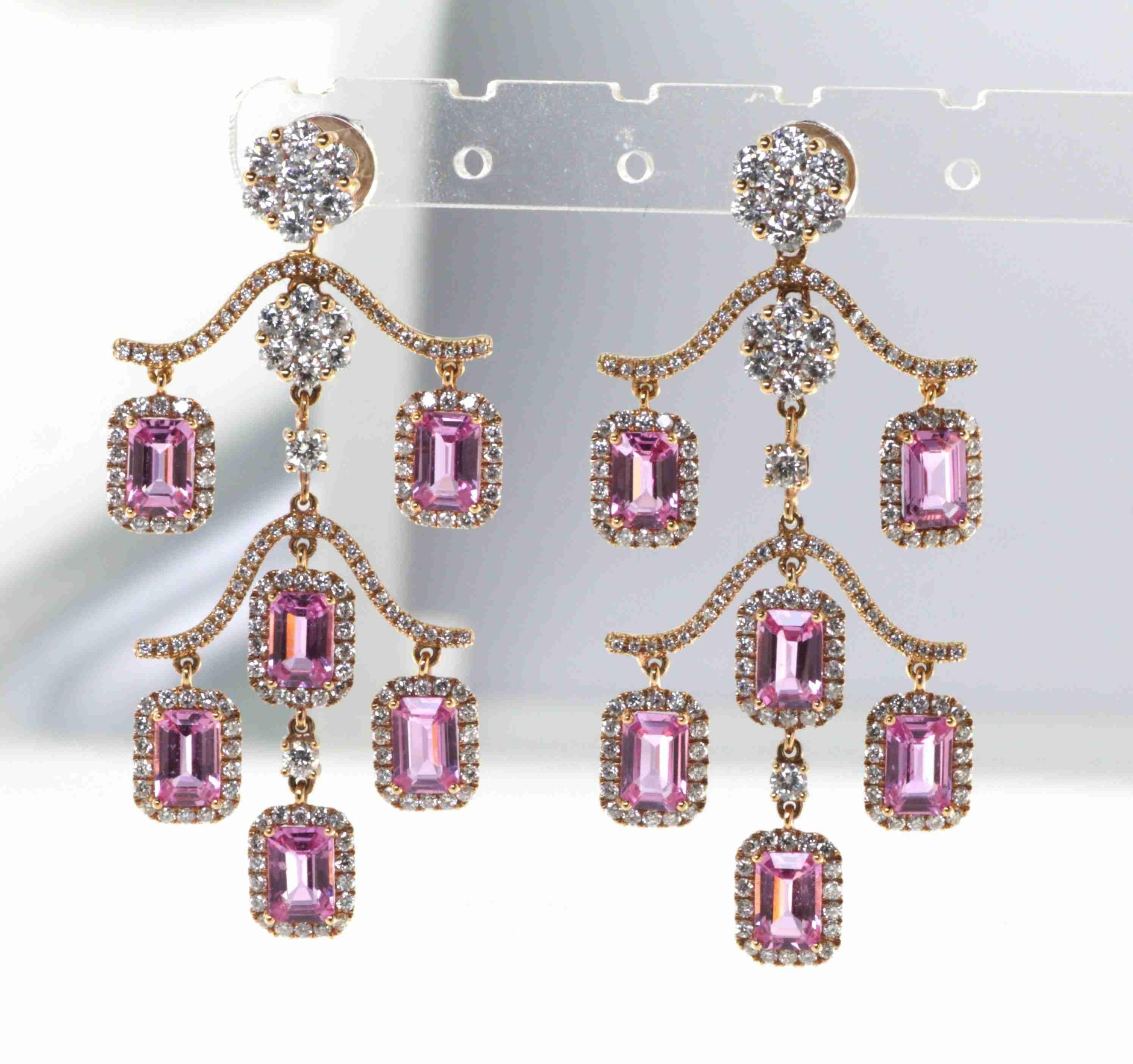 Women's 7.38 Carats Pink Sapphire Diamonds Chandelier Earring in 18 Karat Rose Gold For Sale
