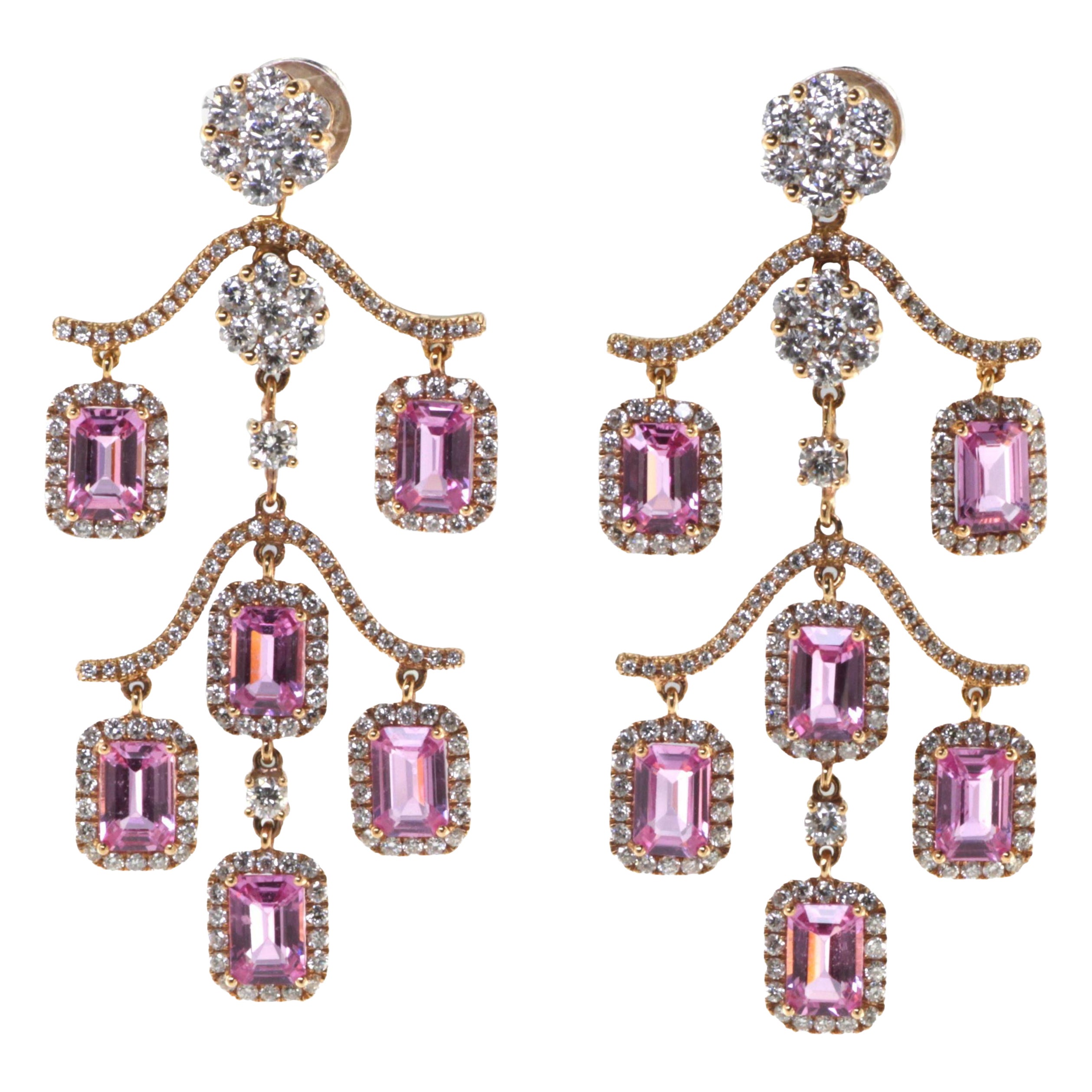 7.38 Carats Pink Sapphire Diamonds Chandelier Earring in 18 Karat Rose Gold