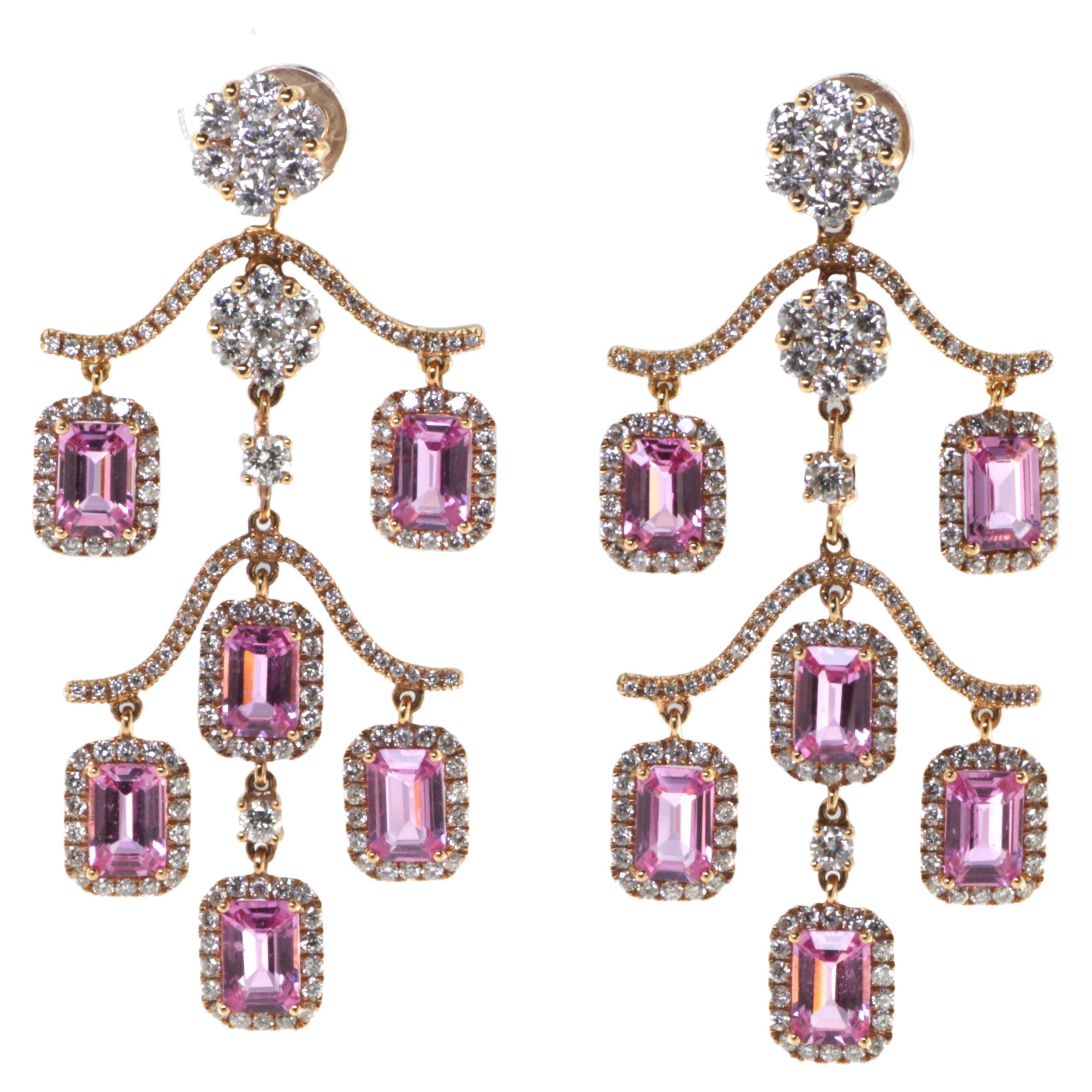 7.38 Carats Pink Sapphire Diamonds Chandelier Earring in 18 Karat Rose Gold For Sale