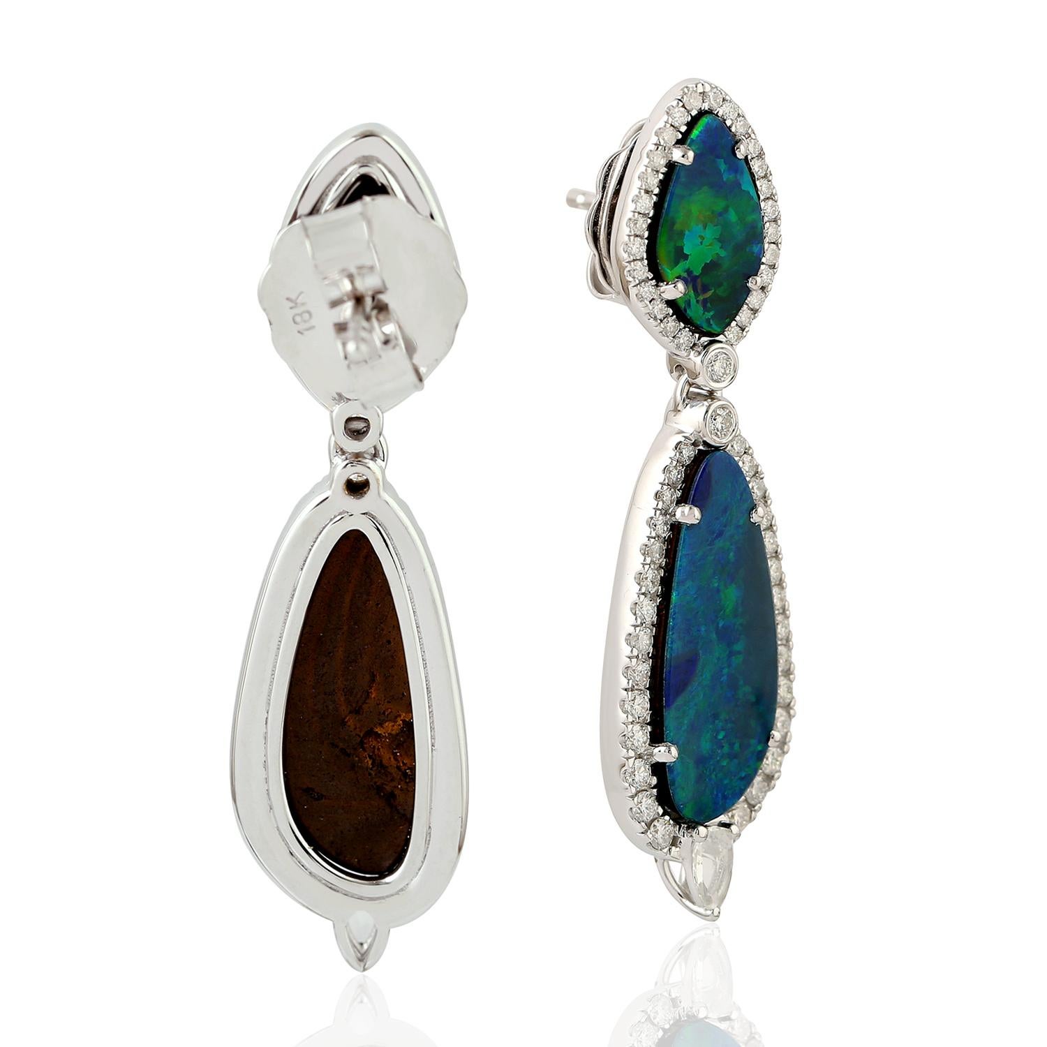 Contemporary 7.38 ct Opal Dangle Earrings With Diamonds Made In 18k White Gold For Sale