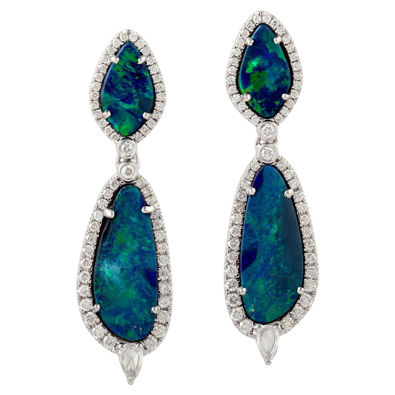 7.38 ct Opal Dangle Earrings With Diamonds Made In 18k White Gold