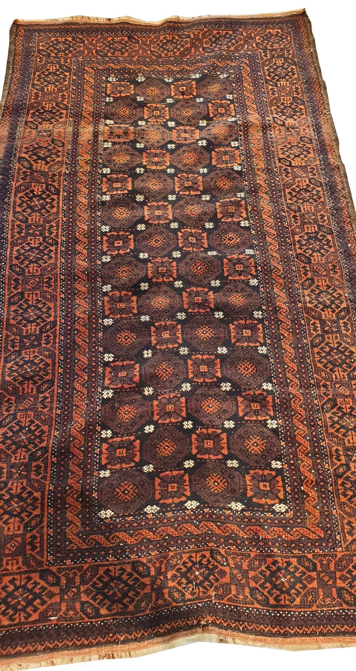 Tribal 738 - Vintage Design Rug End Turkmen Afghan Bukhara For Sale