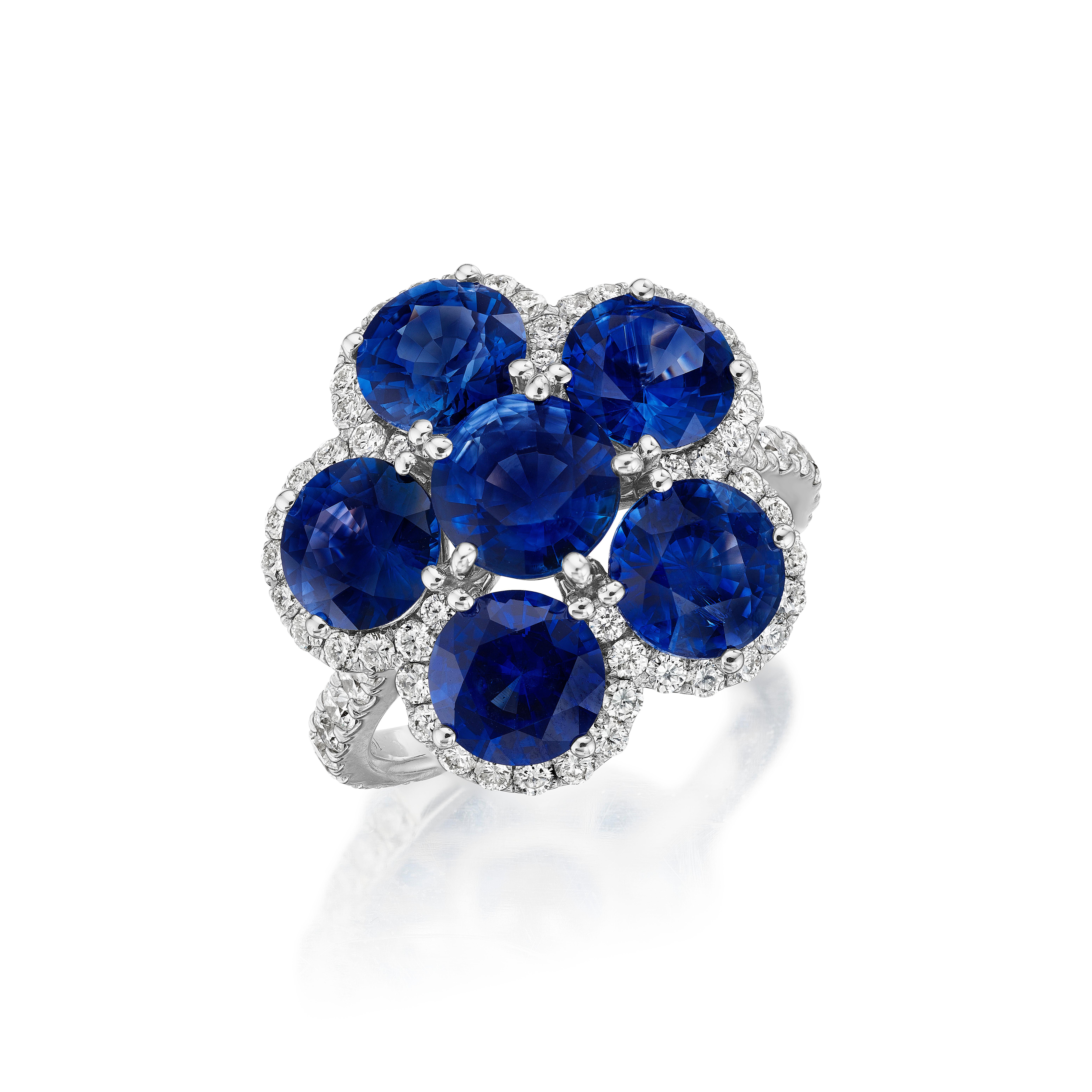 Modern 7.38ct Round Sapphire & Diamond Flower Cocktail Ring For Sale